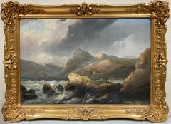 Large 19th Century Scottish Oil Painting Sea Loch Mountains Castle Ruins Figures
