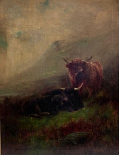Großes antikes schottisches Ölgemälde Highland Cattle in atmosphärischer Landschaft