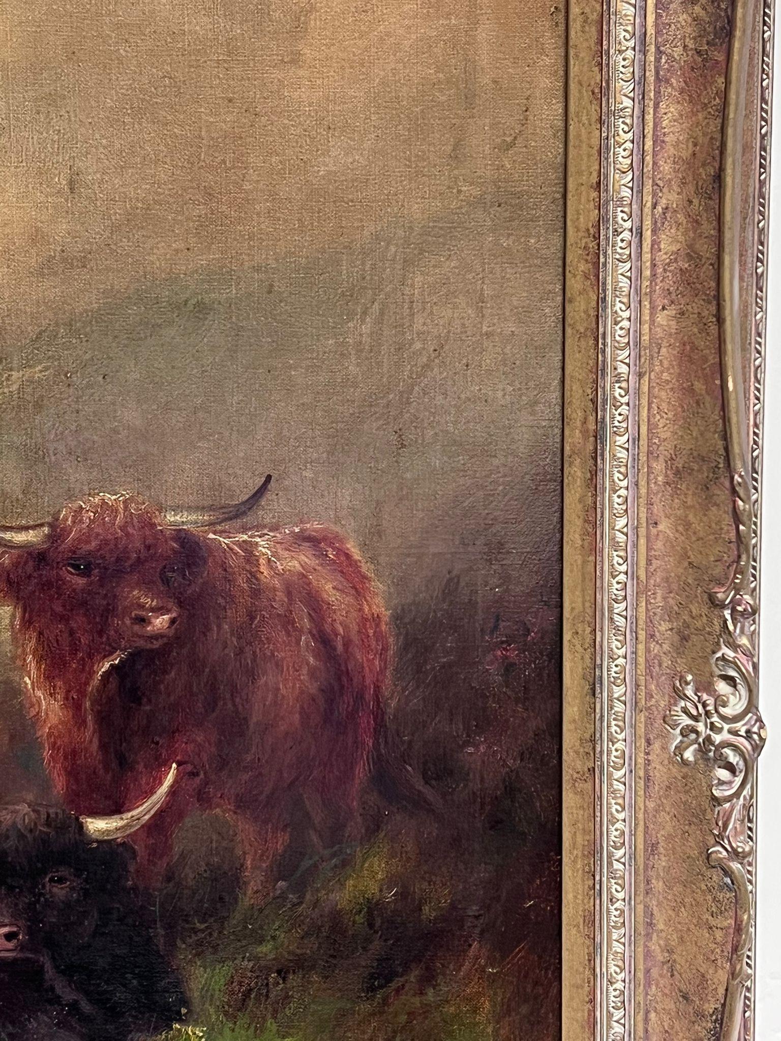 Grande peinture à l'huile écossaise ancienne représentant une bouteille de Highland dans un paysage atmosphérique - Victorien Painting par Scottish Victorian