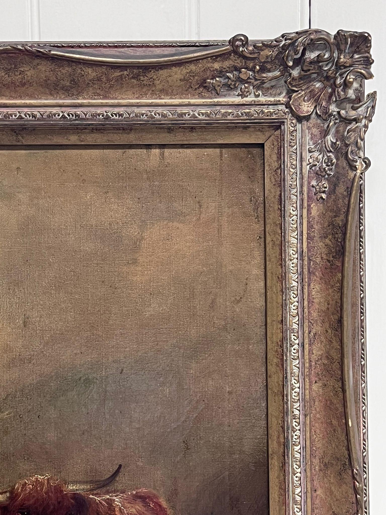 Grande peinture à l'huile écossaise ancienne représentant une bouteille de Highland dans un paysage atmosphérique - Marron Landscape Painting par Scottish Victorian