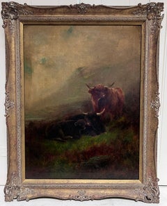 Large Antique Scottish Oil Painting Highland Cattle in Atmospheric Landscape
