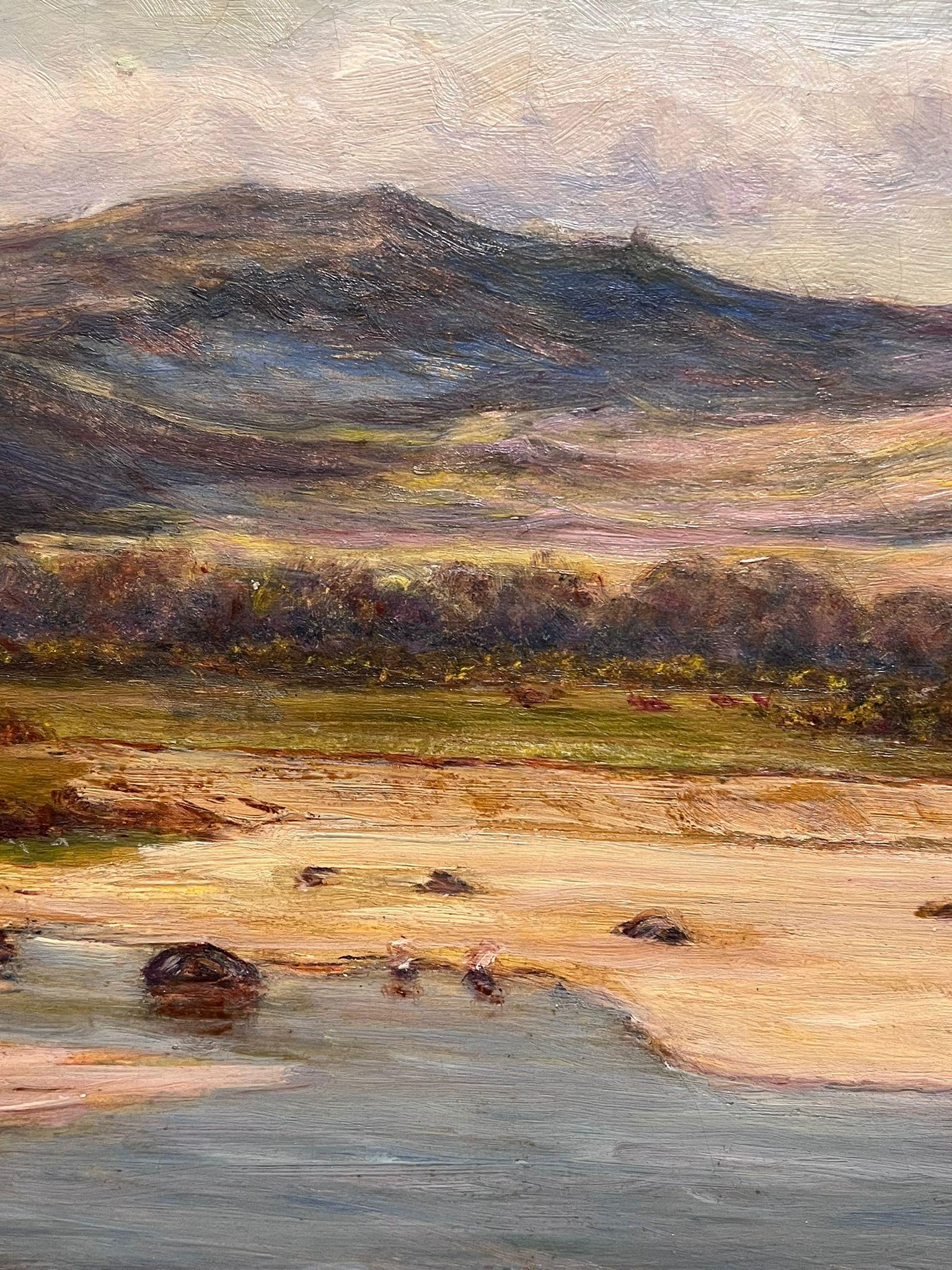 Grande pittura ad olio vittoriana delle Highlands scozzesi, paesaggio fluviale e spiagge sabbiose - Landscape Painting Marrone di Scottish Victorian