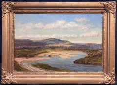 Gran Pintura al Óleo Victoriana Paisaje Fluvial de las Tierras Altas Escocesas Playas de Arena