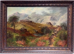 Large Victorian Scottish Oil Painting Glencoe Mountains with Shepherd & Sheep