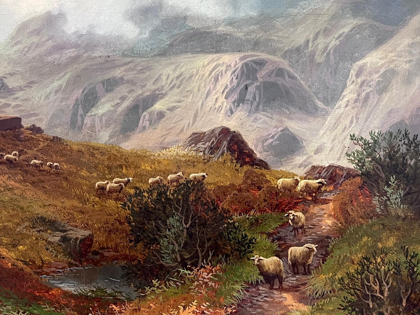 Large Victorian Scottish Oil Painting Glencoe Mountains with Shepherd & Sheep For Sale 1