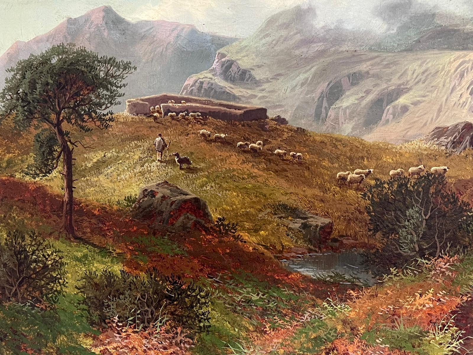 Large Victorian Scottish Oil Painting Glencoe Mountains with Shepherd & Sheep For Sale 3