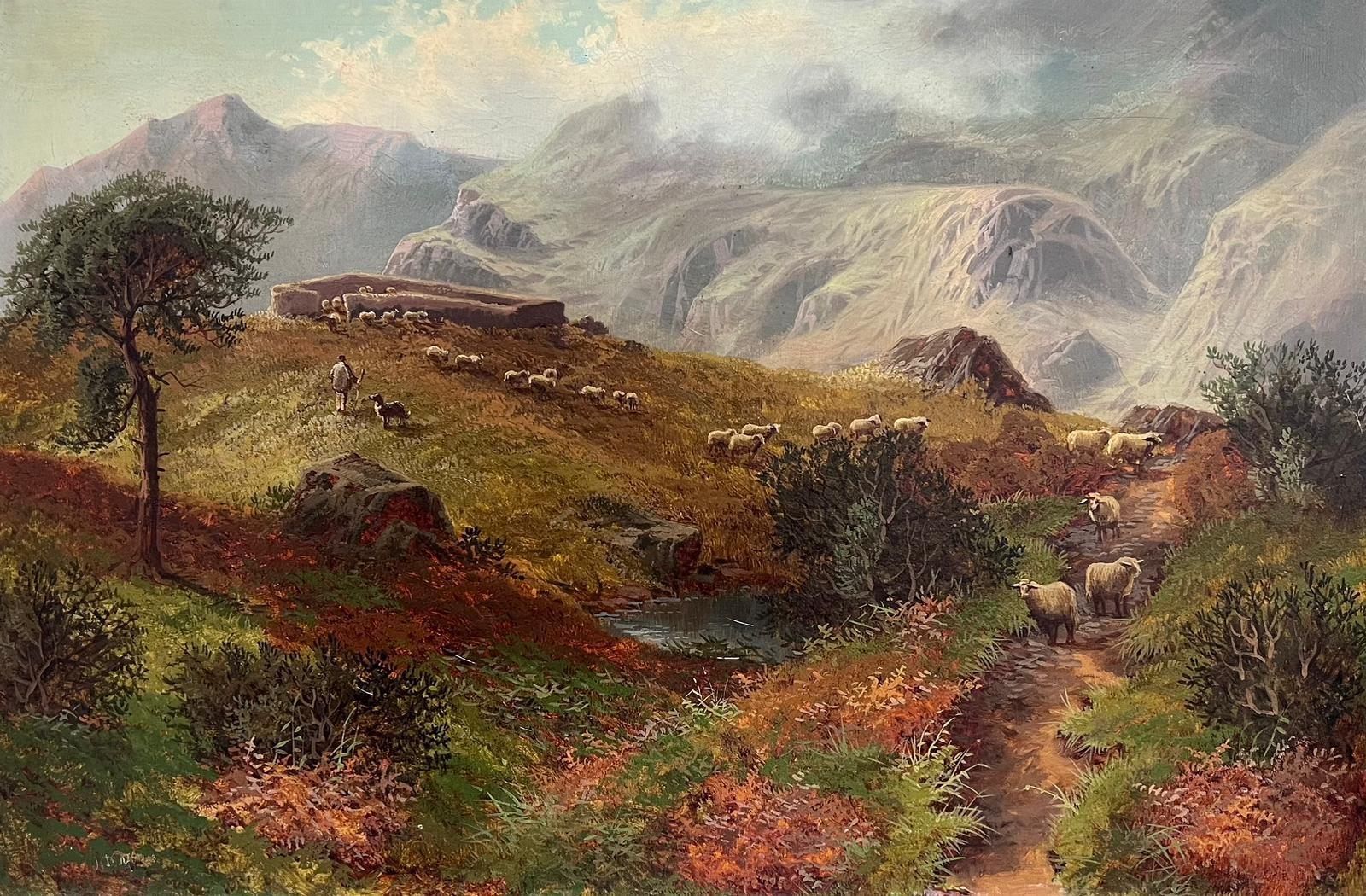 Scottish Victorian Animal Painting - Large Victorian Scottish Oil Painting Glencoe Mountains with Shepherd & Sheep