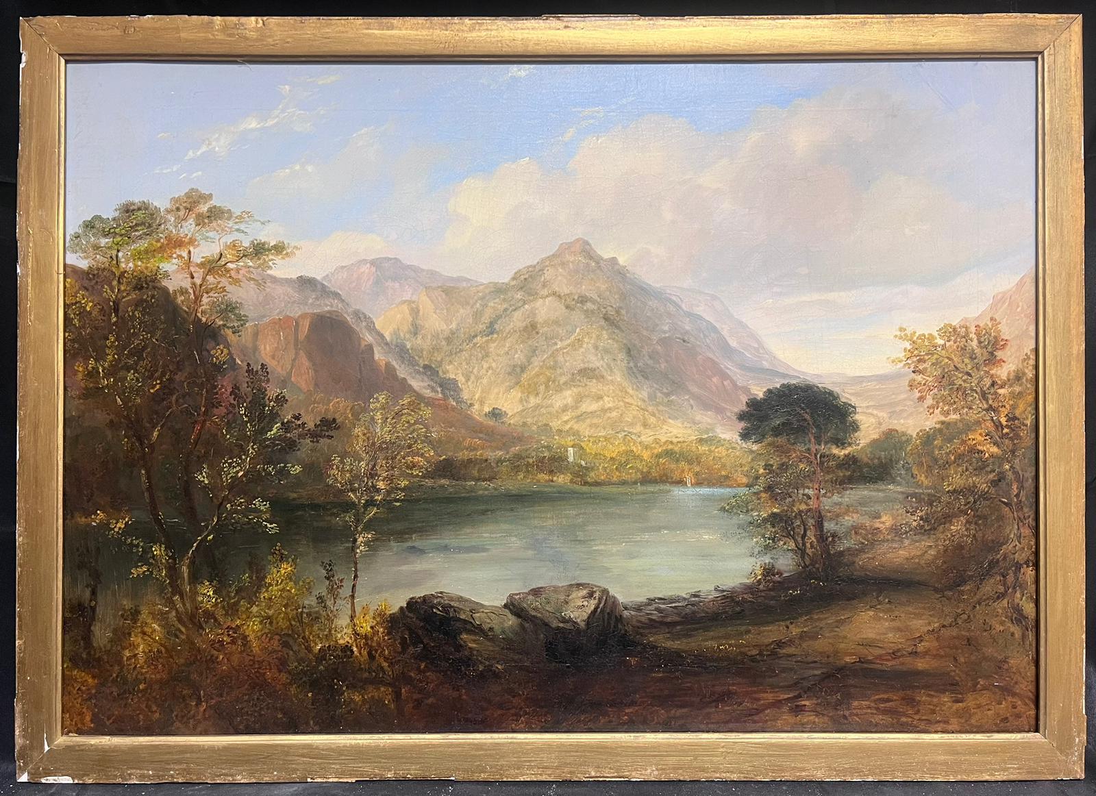 Large Victorian Scottish Oil Painting Highland Loch Bathed in Sunlight - Beige Landscape Painting by Scottish Victorian