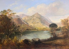Used Large Victorian Scottish Oil Painting Highland Loch Bathed in Sunlight