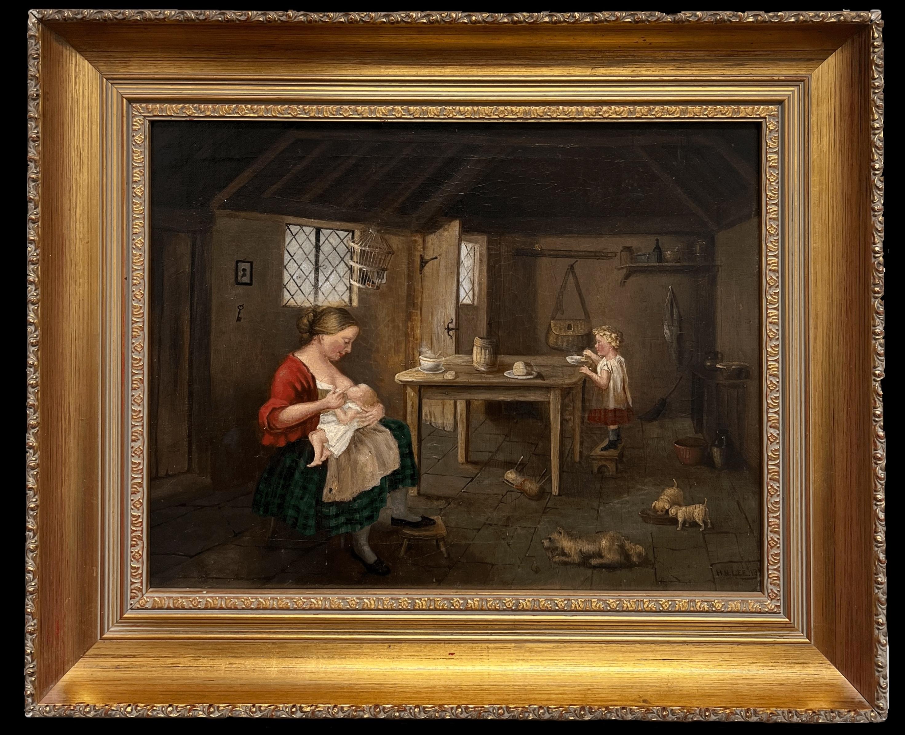 Pintura escocesa victoriana mediana Interior de cabaña rústica Madre alimentando y perros - Painting de Scottish Victorian
