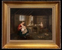 Mid Victorian Scottish Painting Rustic Cottage Interior Mother Feeding & Dogs