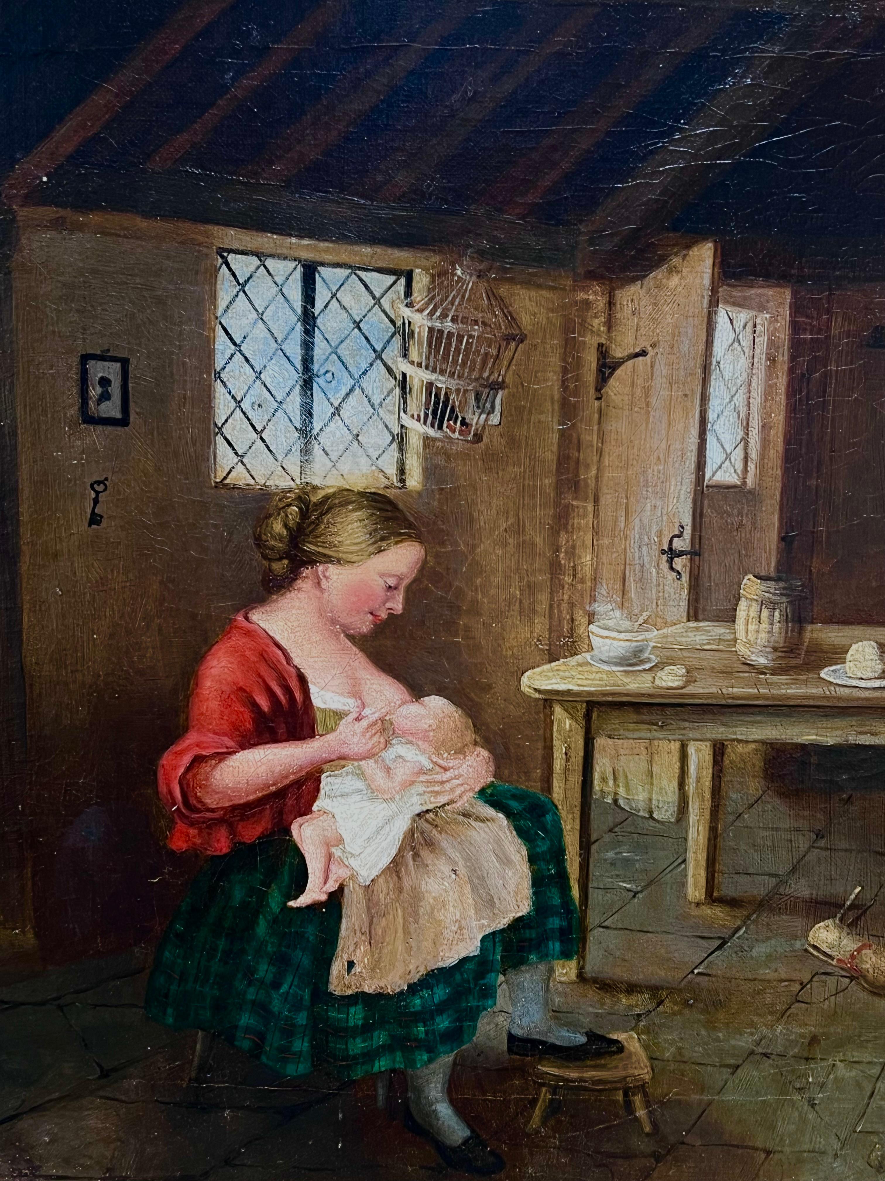 Pintura escocesa victoriana mediana Interior de cabaña rústica Madre alimentando y perros - Painting Victoriano de Scottish Victorian