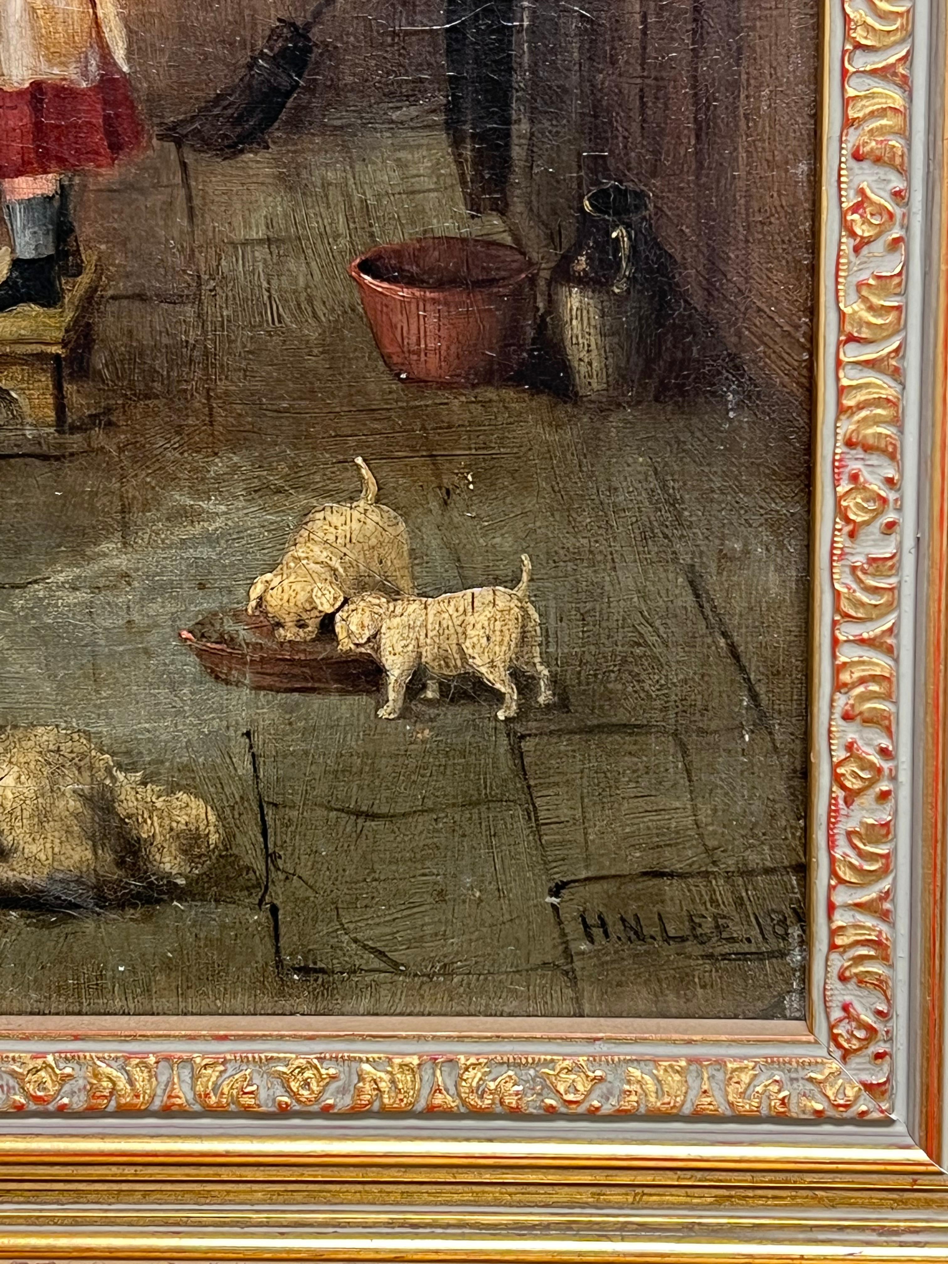 Pintura escocesa victoriana mediana Interior de cabaña rústica Madre alimentando y perros en venta 2