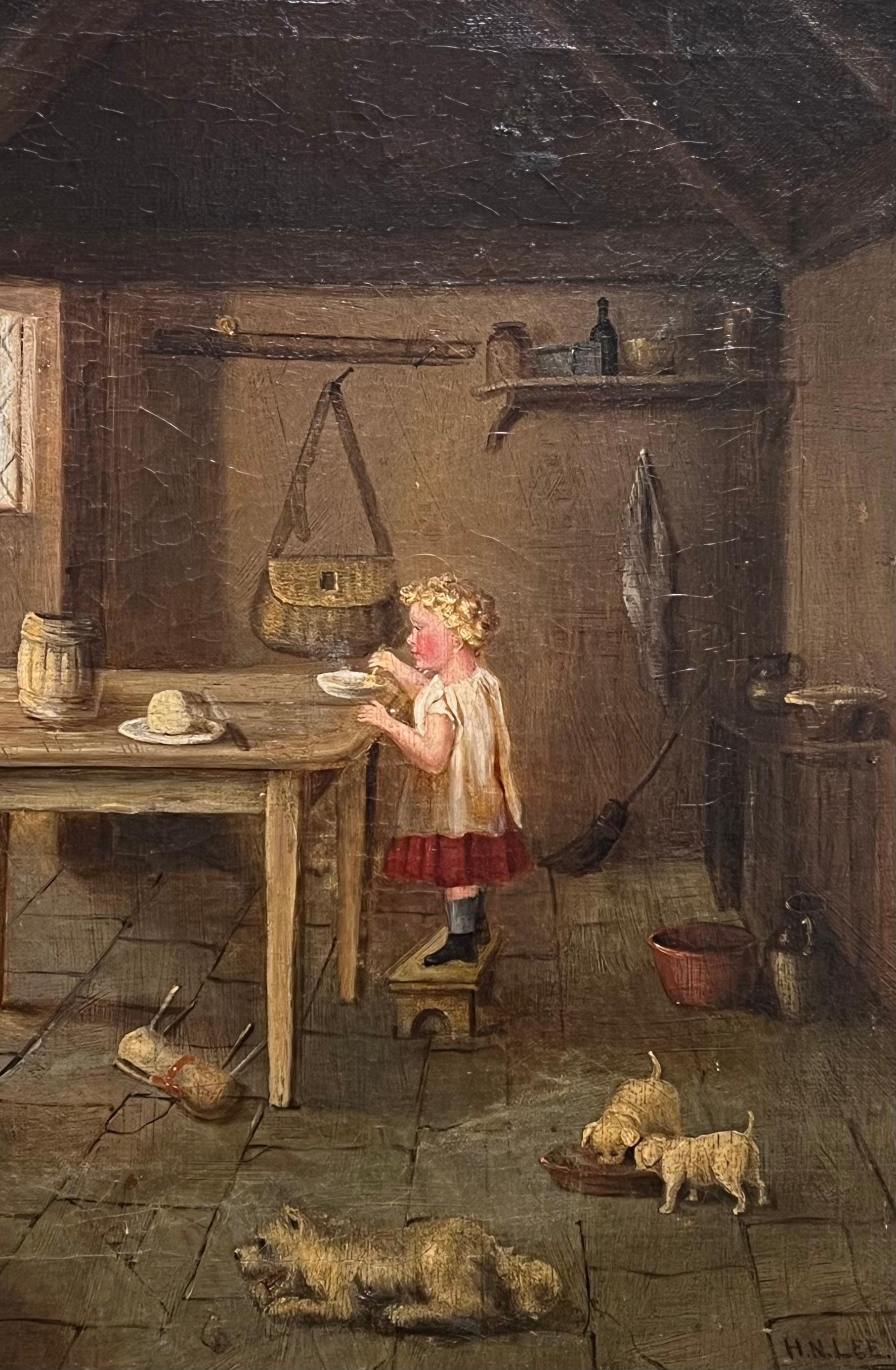 Pintura escocesa victoriana mediana Interior de cabaña rústica Madre alimentando y perros en venta 3