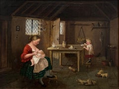 Peinture écossaise victorienne d'intérieur de cottage rustique nourrissant une mère et des chiens