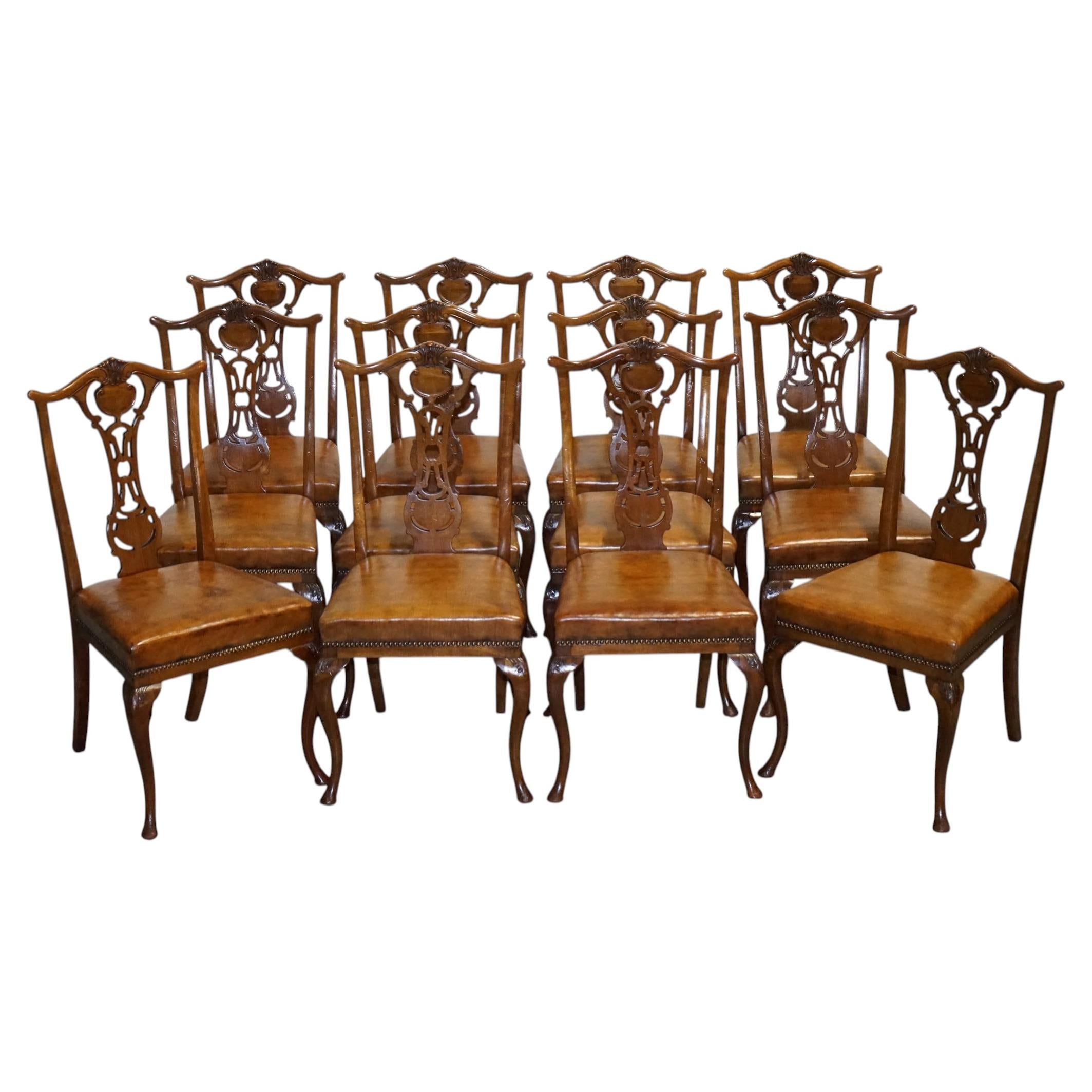 SCOTTISH VICTORIAN SET 12 RESTORED DYED LEATHER DINING CHAiRS BY JOHN TAYLOR
