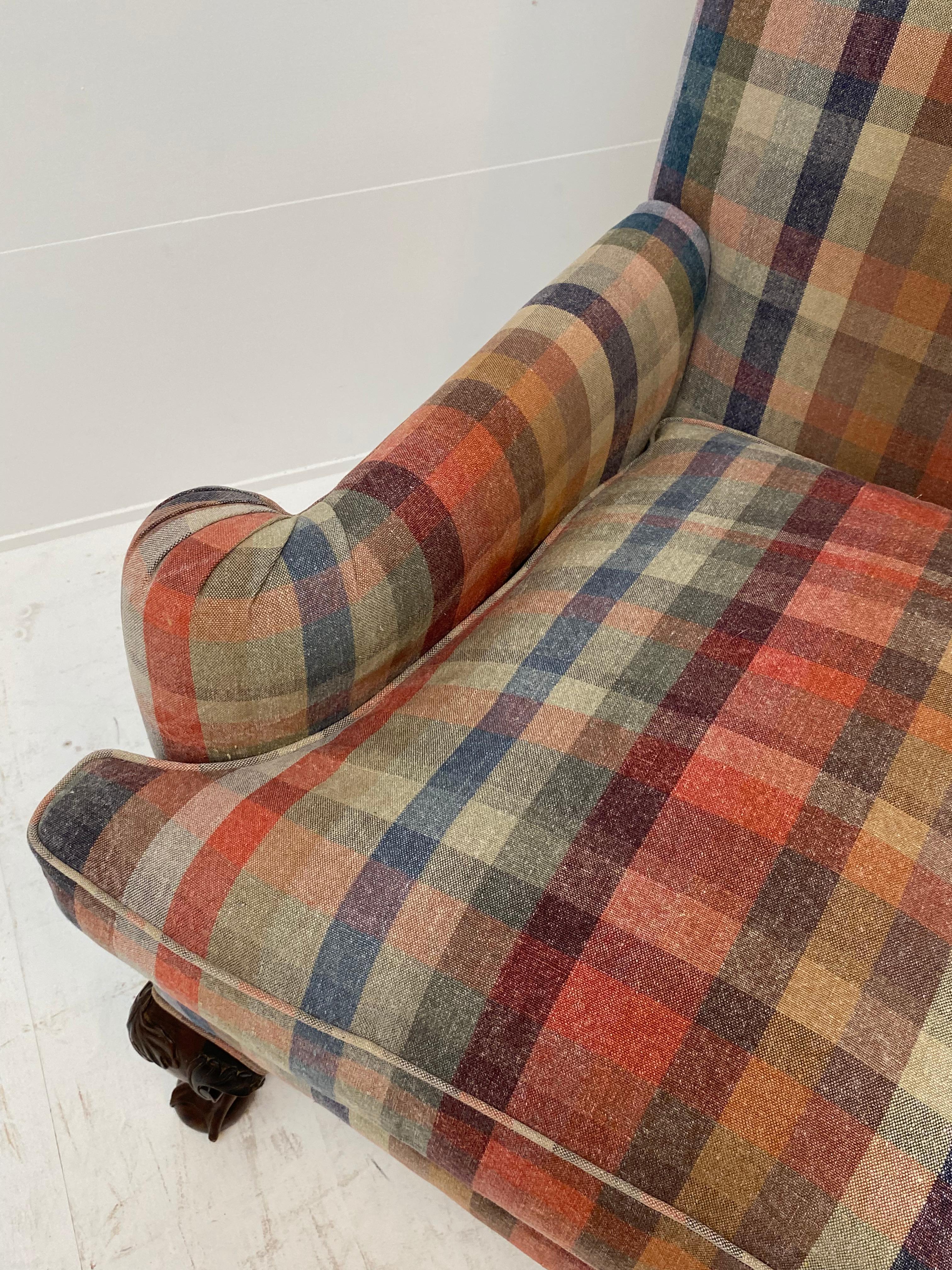  Antique Scottish Wing Chair with Claw-Feet and Tartan Fabric 2