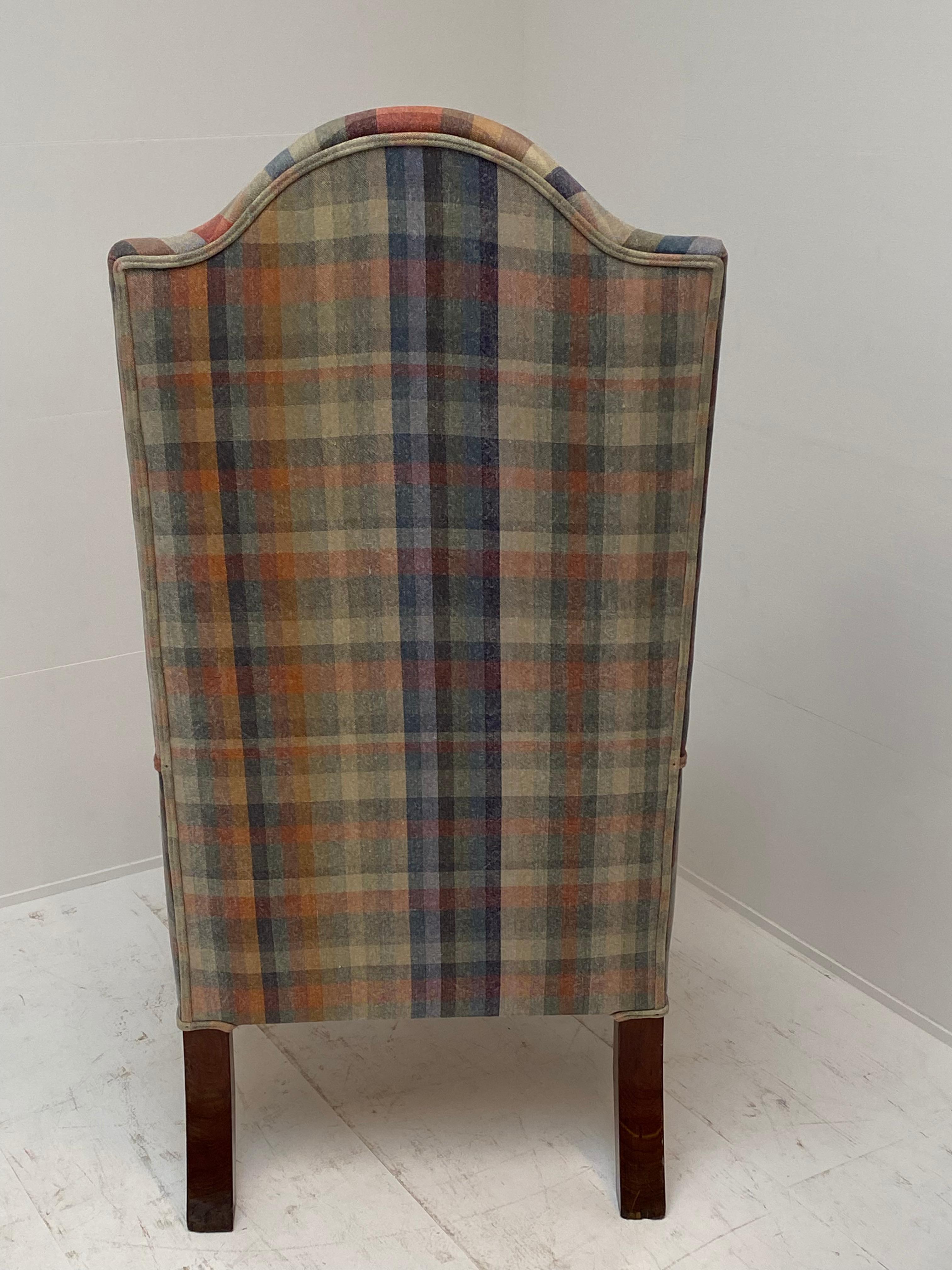 Polished  Antique Scottish Wing Chair with Claw-Feet and Tartan Fabric