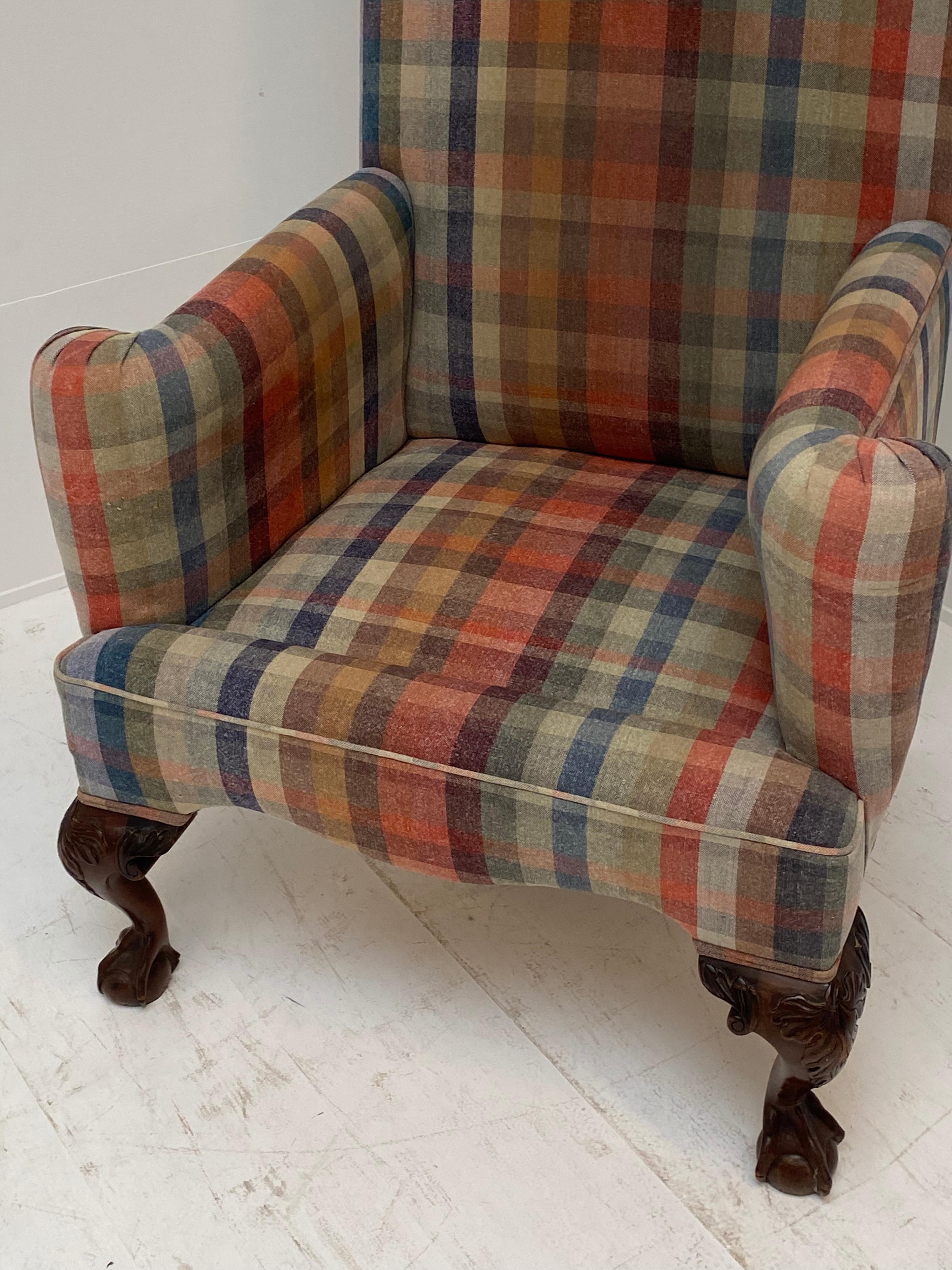 Early 20th Century Antique Scottish Wing Chair with Claw-Feet and Tartan Fabric