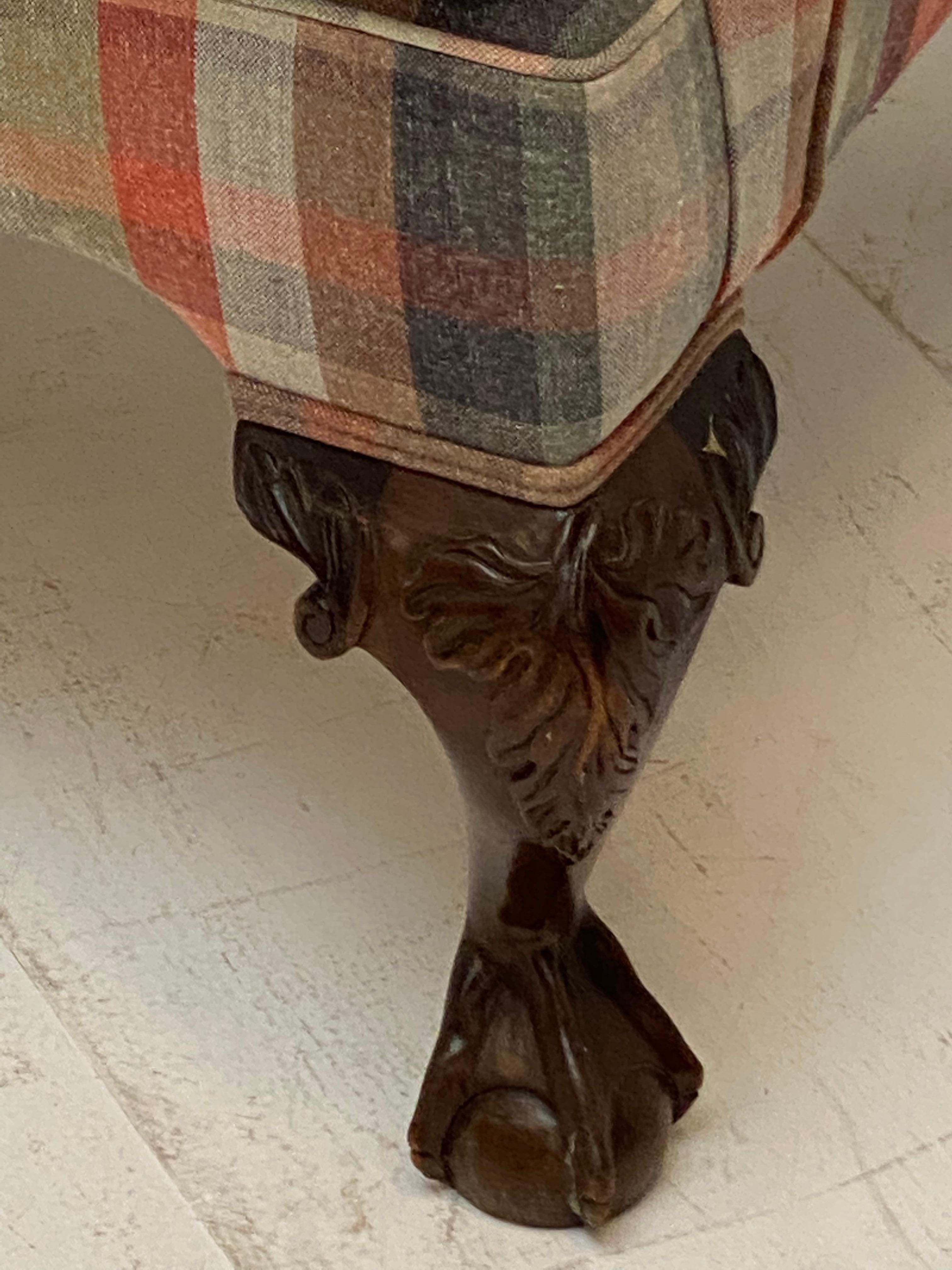 Mahogany Antique Scottish Wing Chair with Claw-Feet and Tartan Fabric