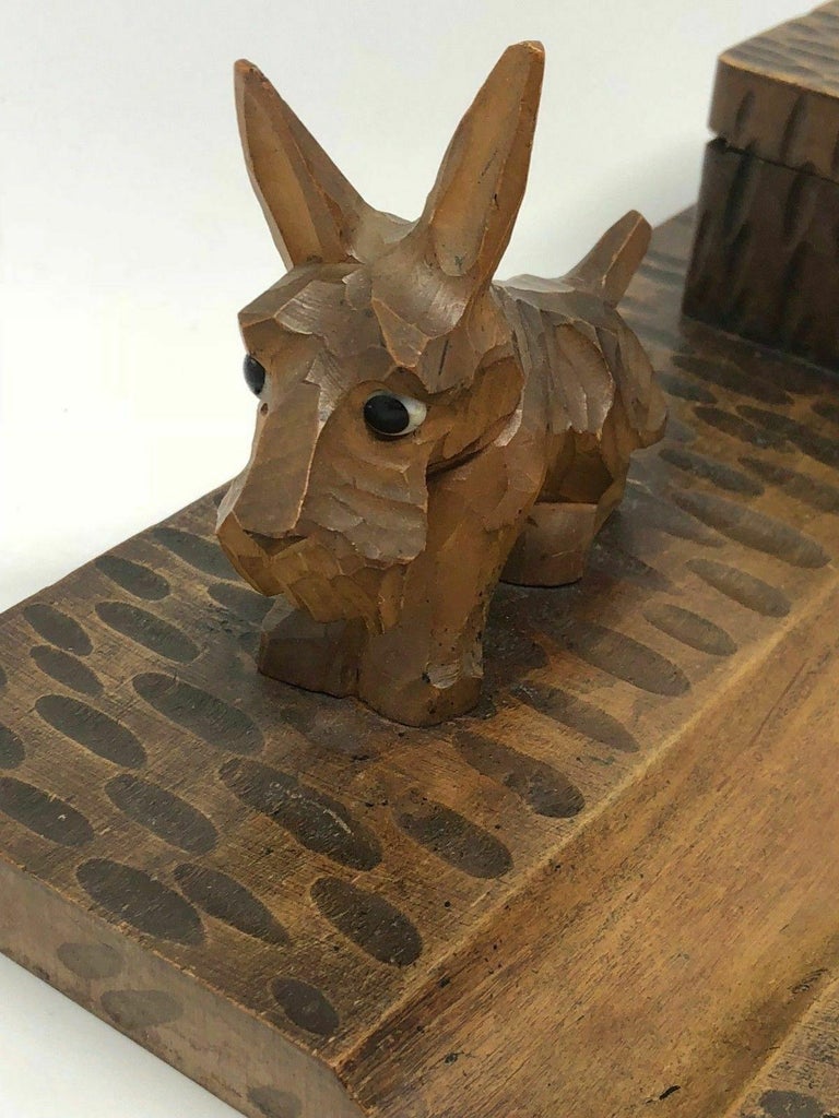 Mid-20th Century Scotty Dog Black Forest Wood Carved Inkwell German Vintage, 1930s For Sale