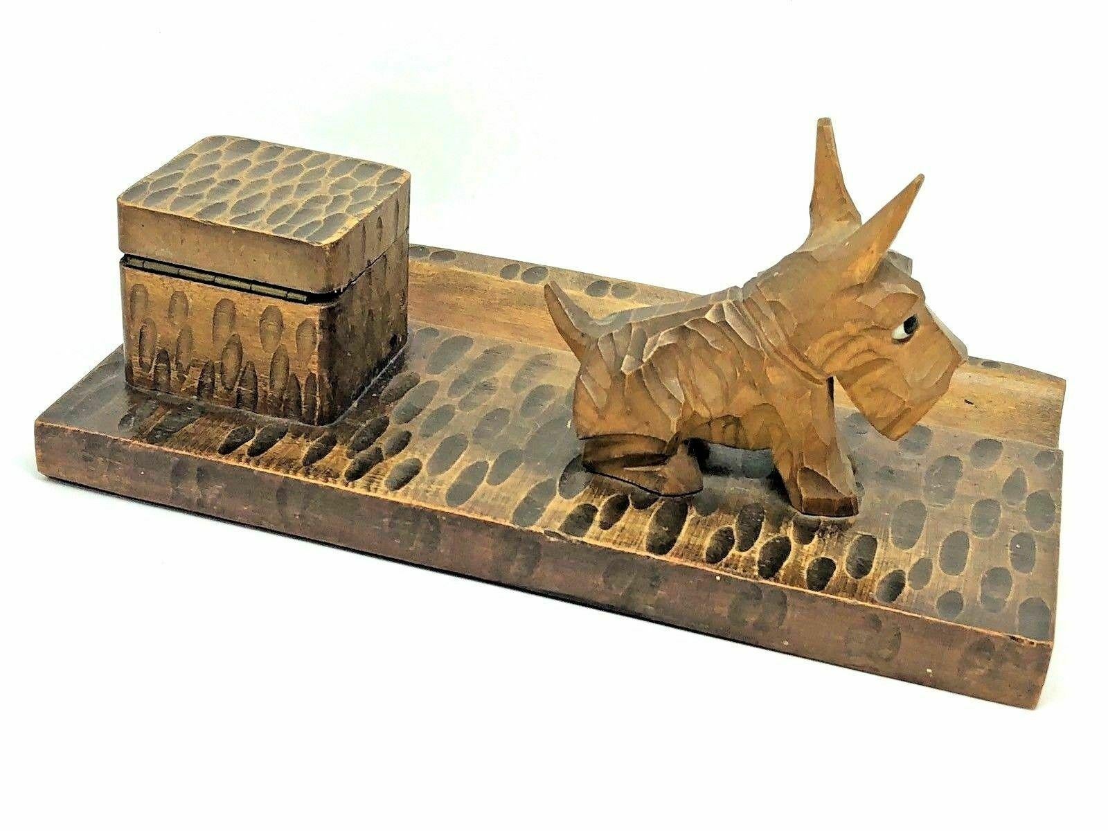 Mid-20th Century Scotty Dog Black Forest Wood Carved Inkwell German Vintage, 1930s