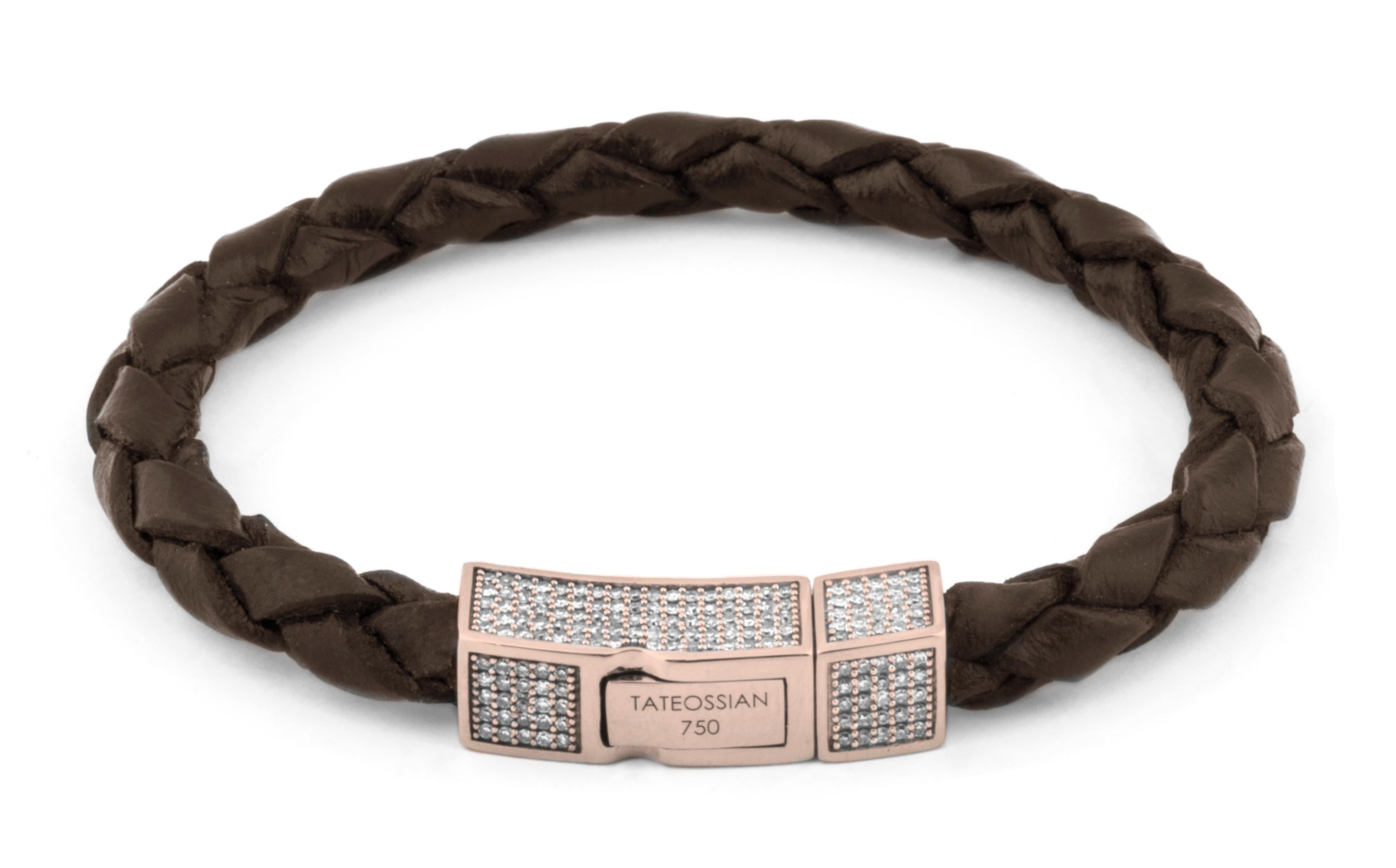 A luxury version of the Tateossian signature leather Scoubidou bracelet with an 18K gold clasp. The clasp has been beautifully covered with a pave of white diamonds  (HI colour, SI quality) which have been selected and set by hand under a microscope
