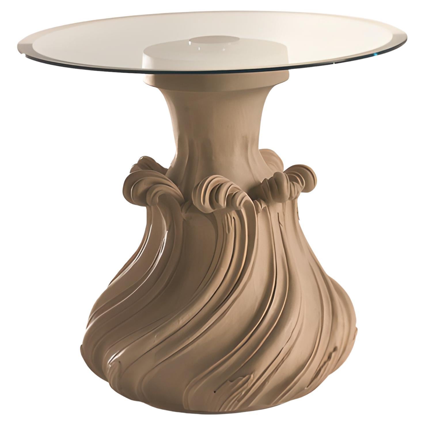 Scoubidou Gray Cocktail Table with Carved Base and Glass Top For Sale
