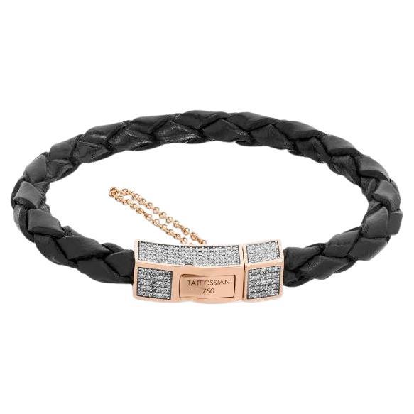 Scoubidou Micro Pave Bracelet in Black Leather, 18K Rose Gold & Diamond, Size S