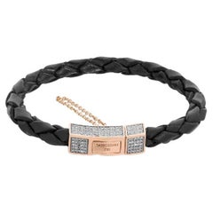 Scoubidou Micro Pave Bracelet in Black Leather, 18K Rose Gold & Diamond, Size S
