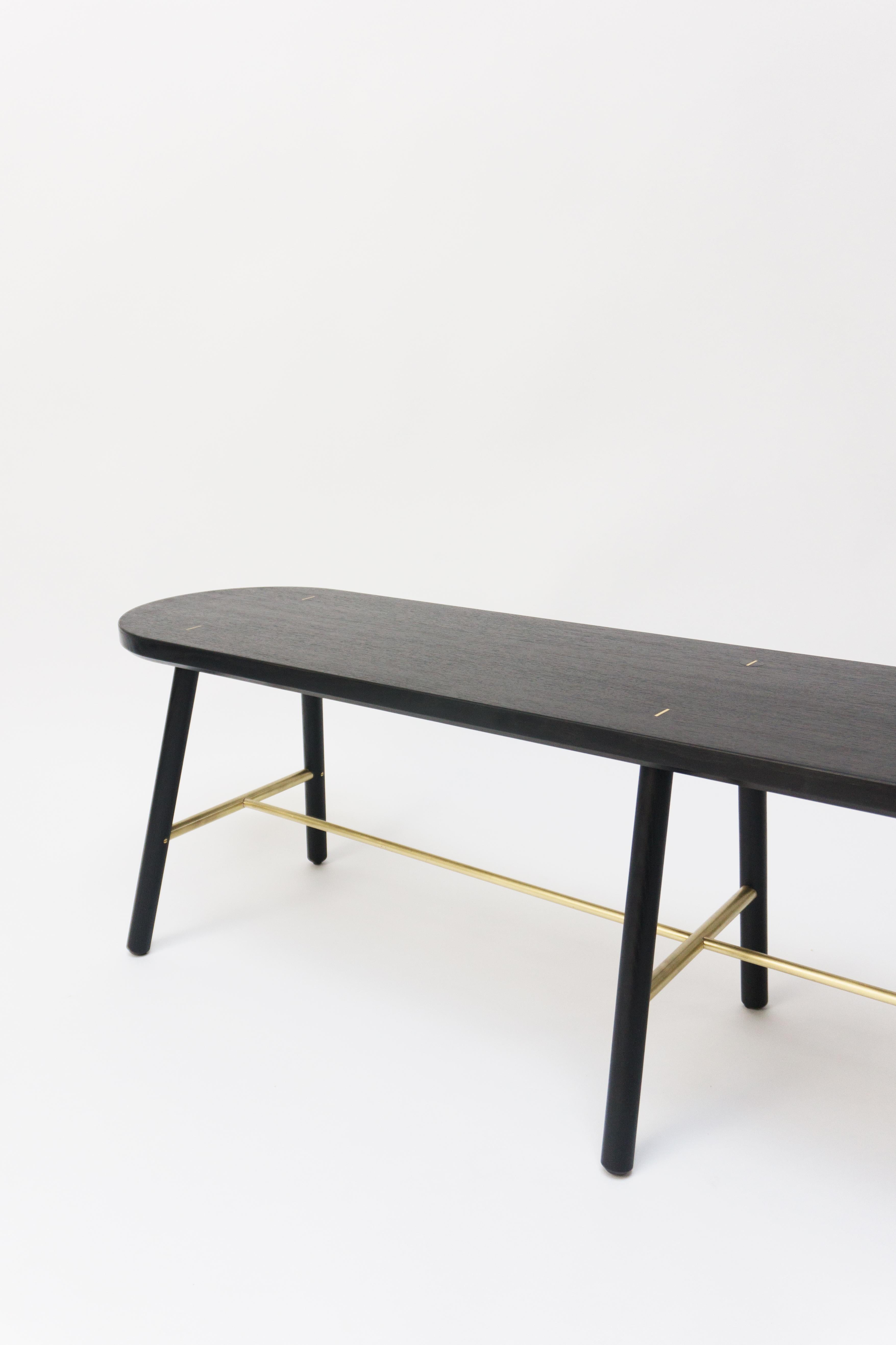 Mid-Century Modern Scout Long Bench in Blackened Oak and Satin Brushed Brass by Steven Bukowski For Sale