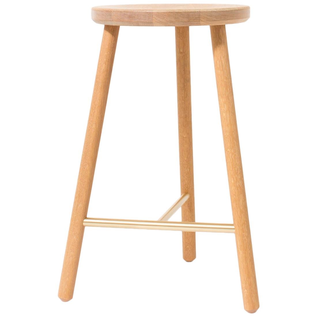 Scout Counter Stool in Cerused White Oak and Satin Brass by Steven Bukowski