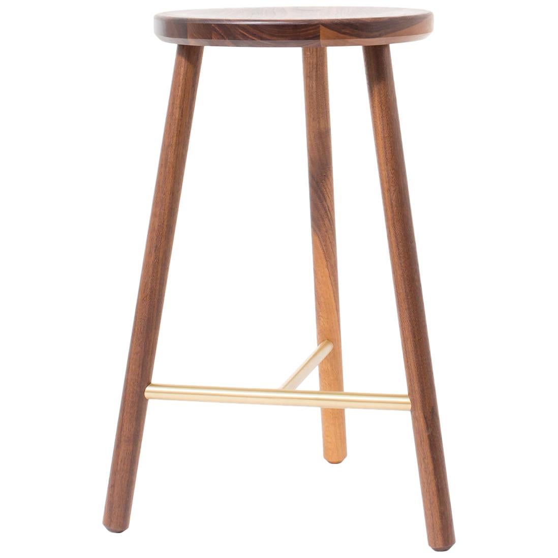 Scout Counter Stool in Walnut and Satin Brass by Steven Bukowski For Sale