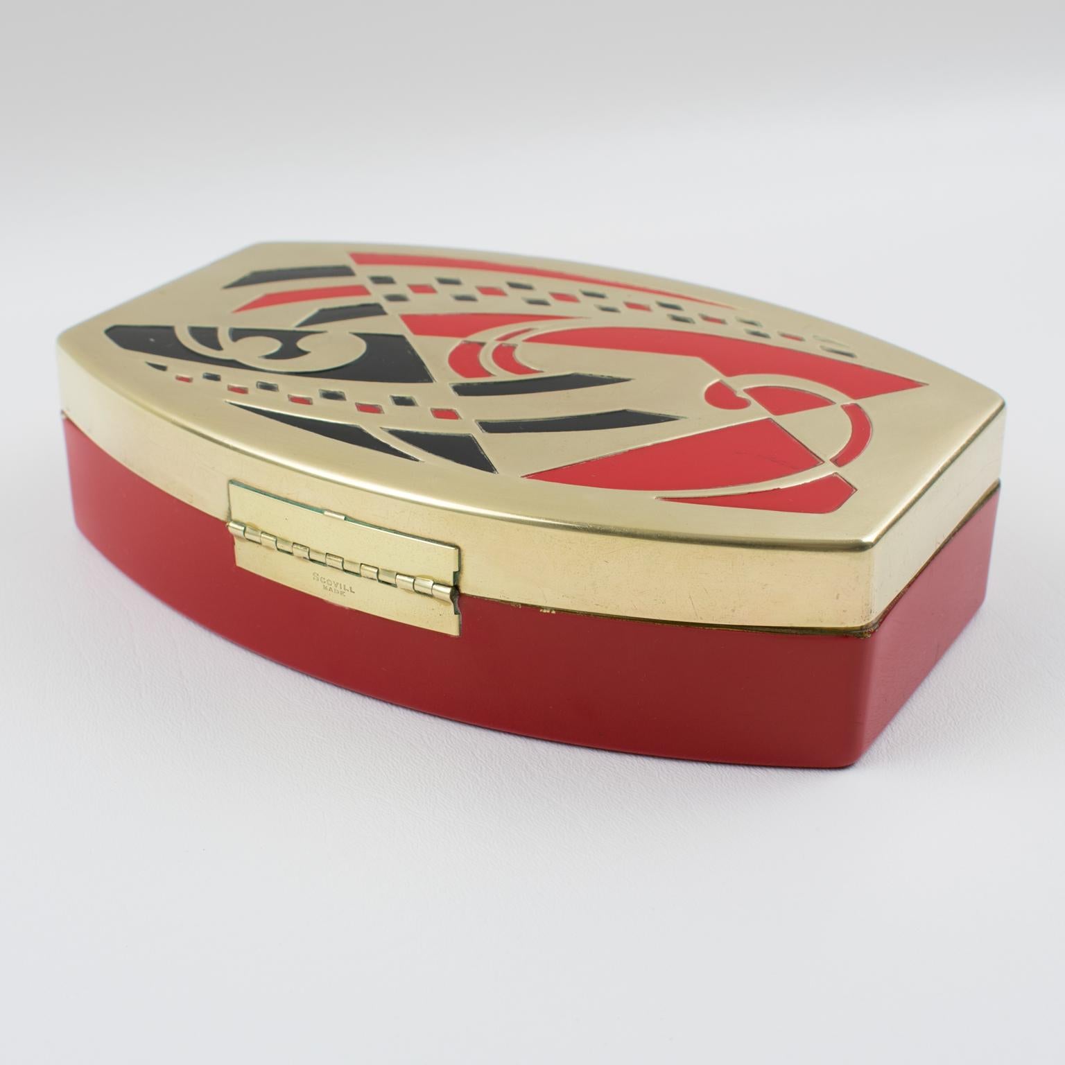 Mid-20th Century Scovill Art Deco Red Black Gold Embossed Tin Box