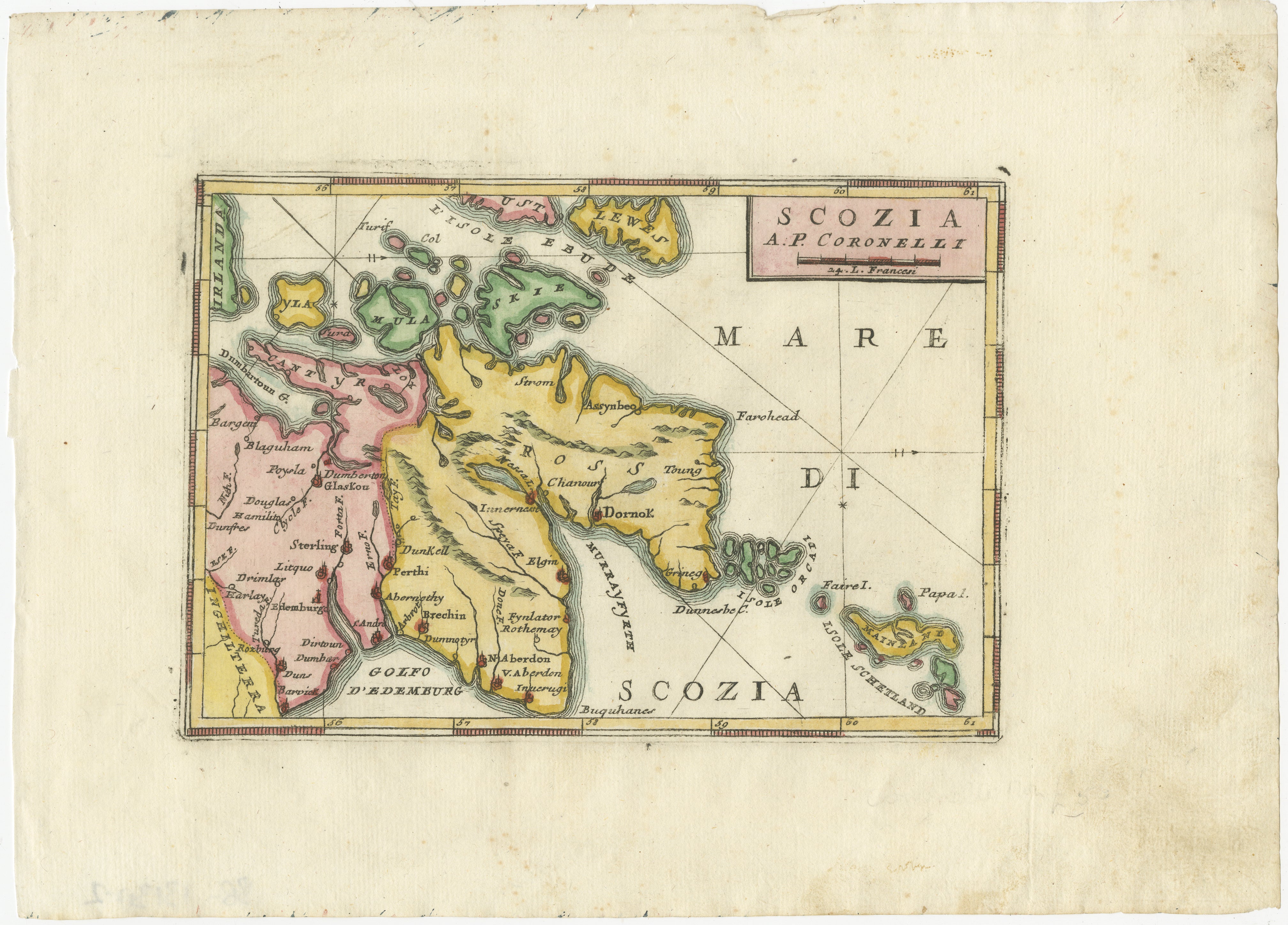 Gravé Scozia - Carte ancienne de l'Ecosse par Coronelli, vers 1690 en vente