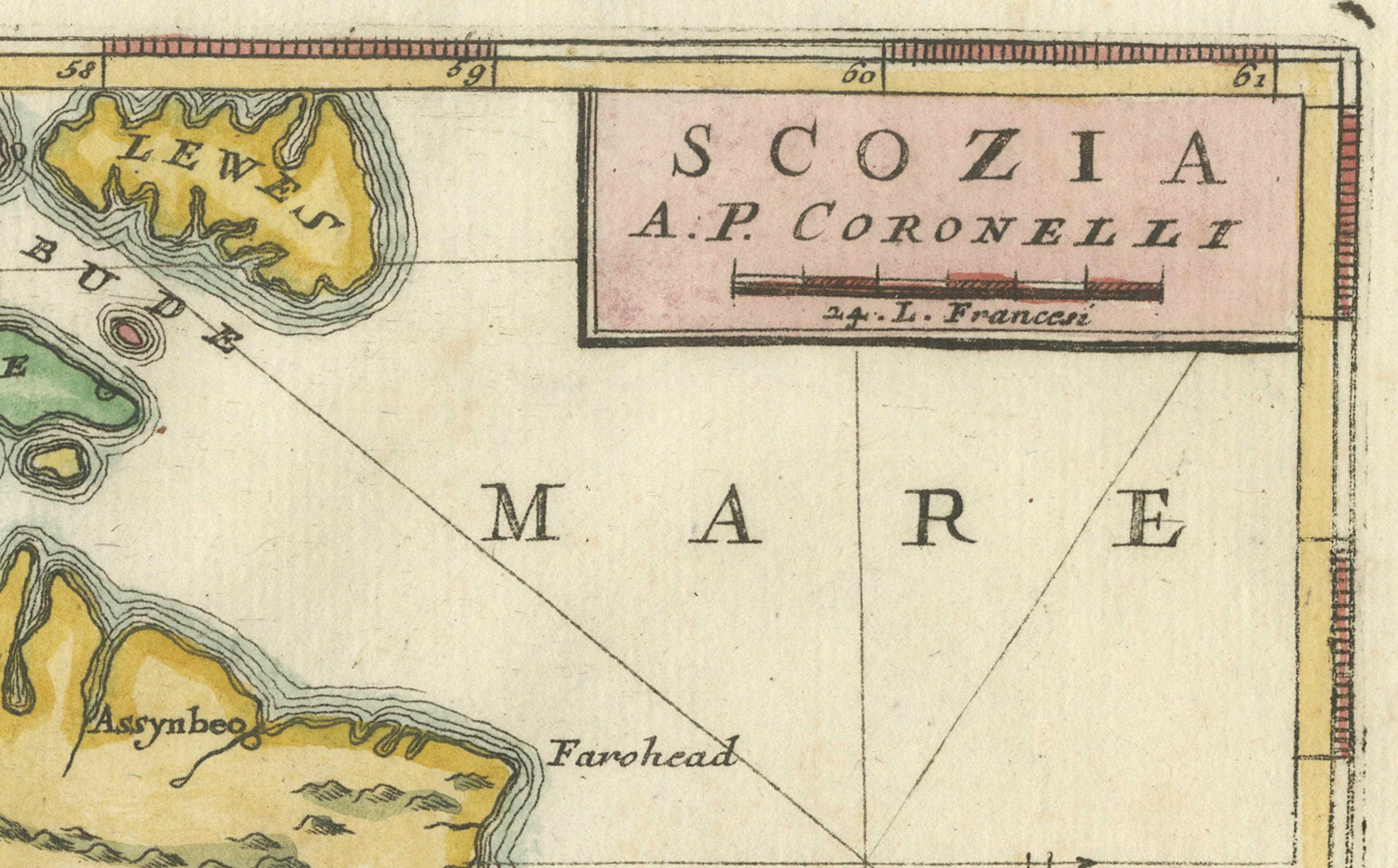 Papier Scozia - Carte ancienne de l'Ecosse par Coronelli, vers 1690 en vente