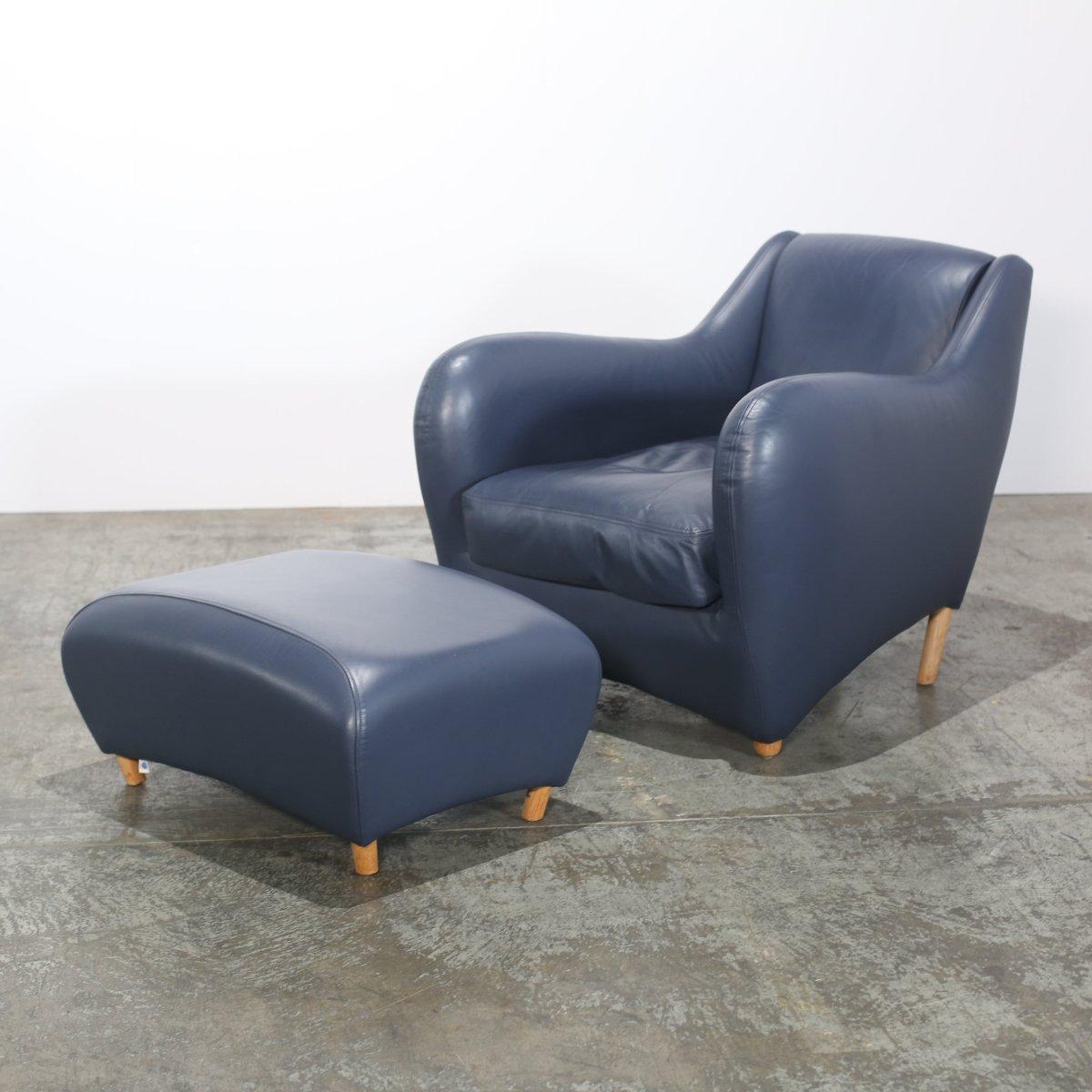 SCP Balzac Sillón y Reposapiés de cuero azul Británico en venta