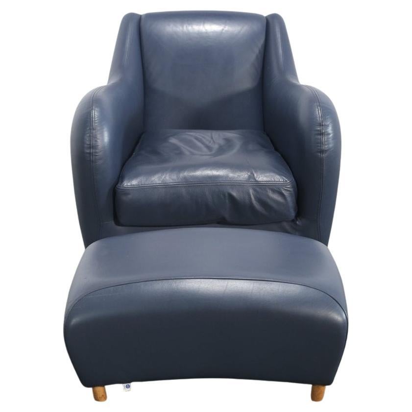 SCP Balzac Blue Leather Armchair and Footstool