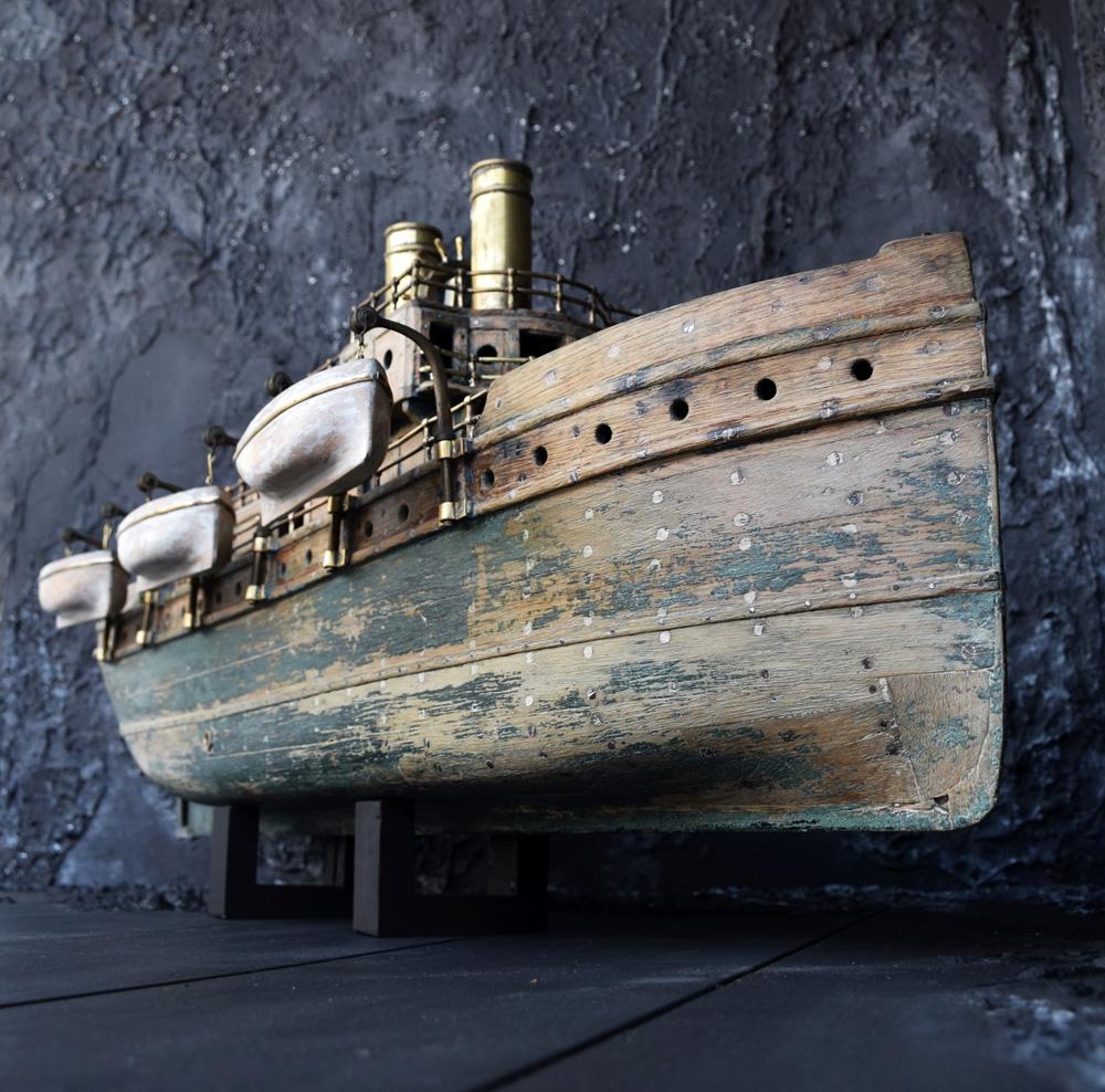 Scratch Built Folk Art Amazing French Distressed Ship Stamped, circa 1907 2