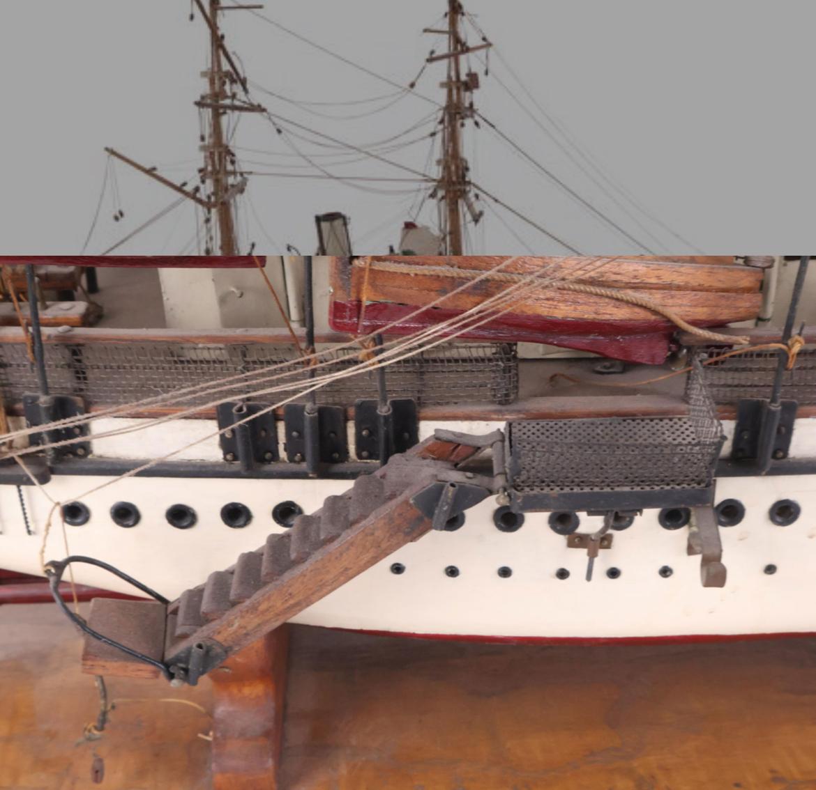 A wonderful scratch-built ship model of a steam-sailer with full rigging, on a stand, circa 1890