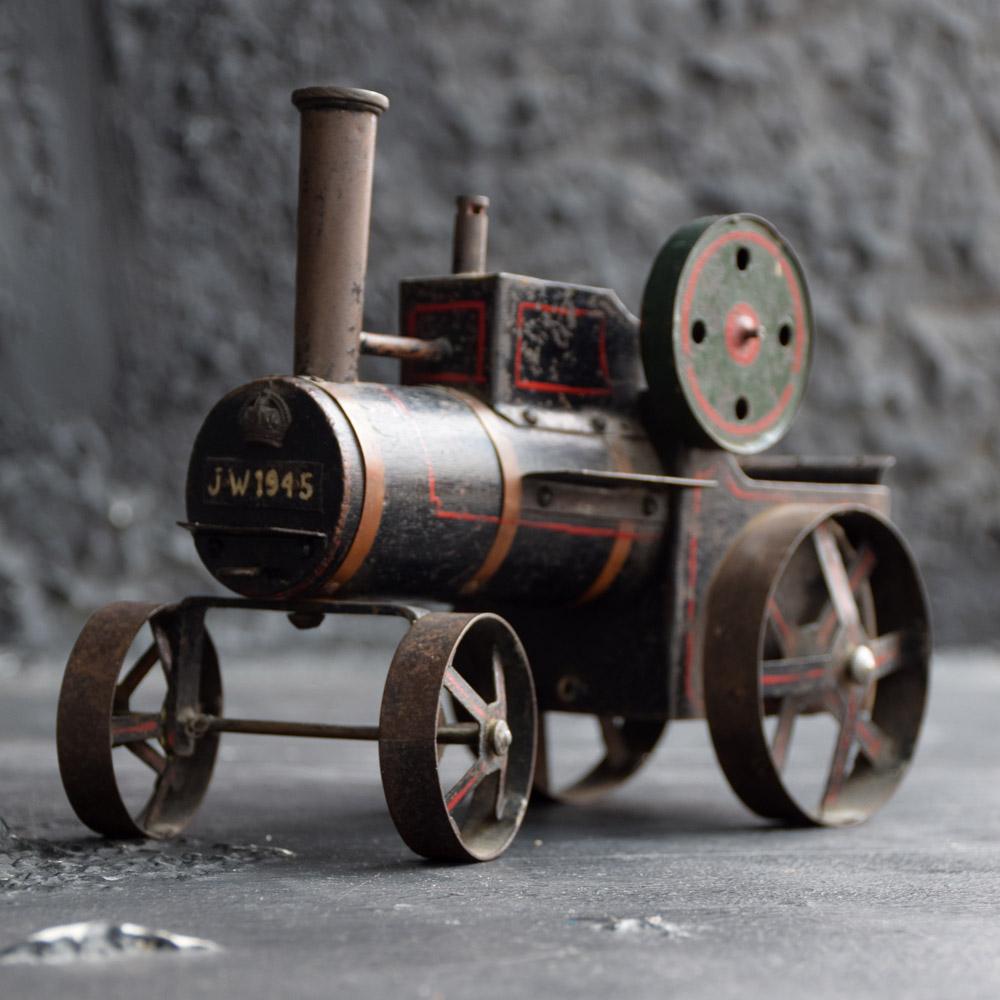 Tin Scratch Built Train Steam Engine with Trailer Dated, circa 1945