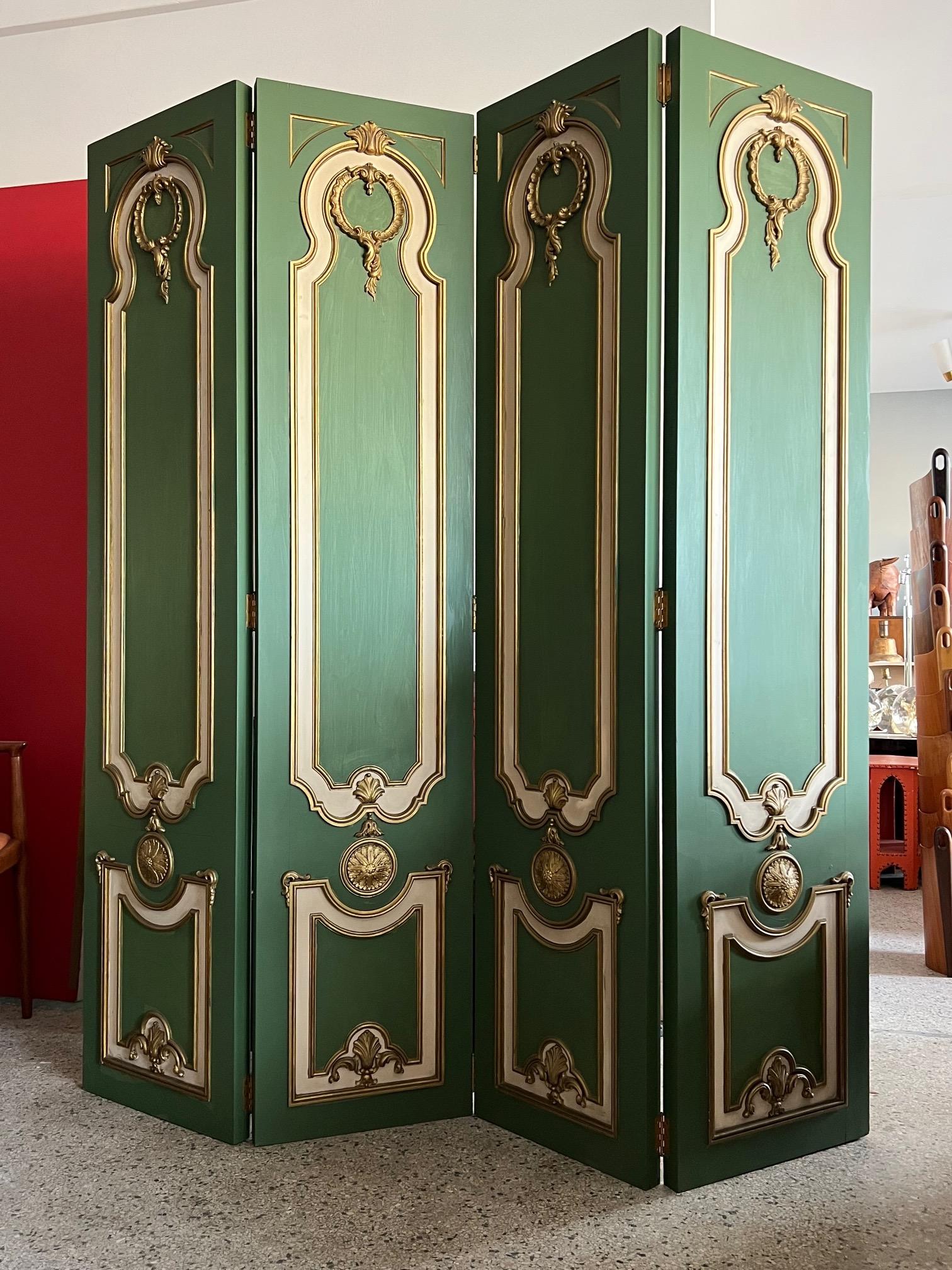 Elegant painted screen by Maison Jansen, made in Argentina ca' 1940's in neoclassical style. Each panel is approx. 18.5