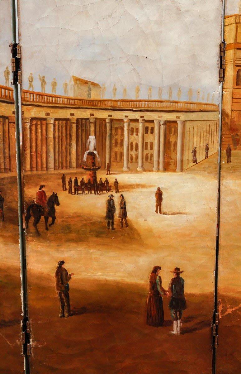 Screen of Paintings of Saint Peter's Square in Rome, 20th Century.

Screen with six oil on canvas paintings of Saint Peter's Square in Rome, 20th century, craquelure and small paint chips from use.
h: 183cm, w: 240cm, d: 2cm