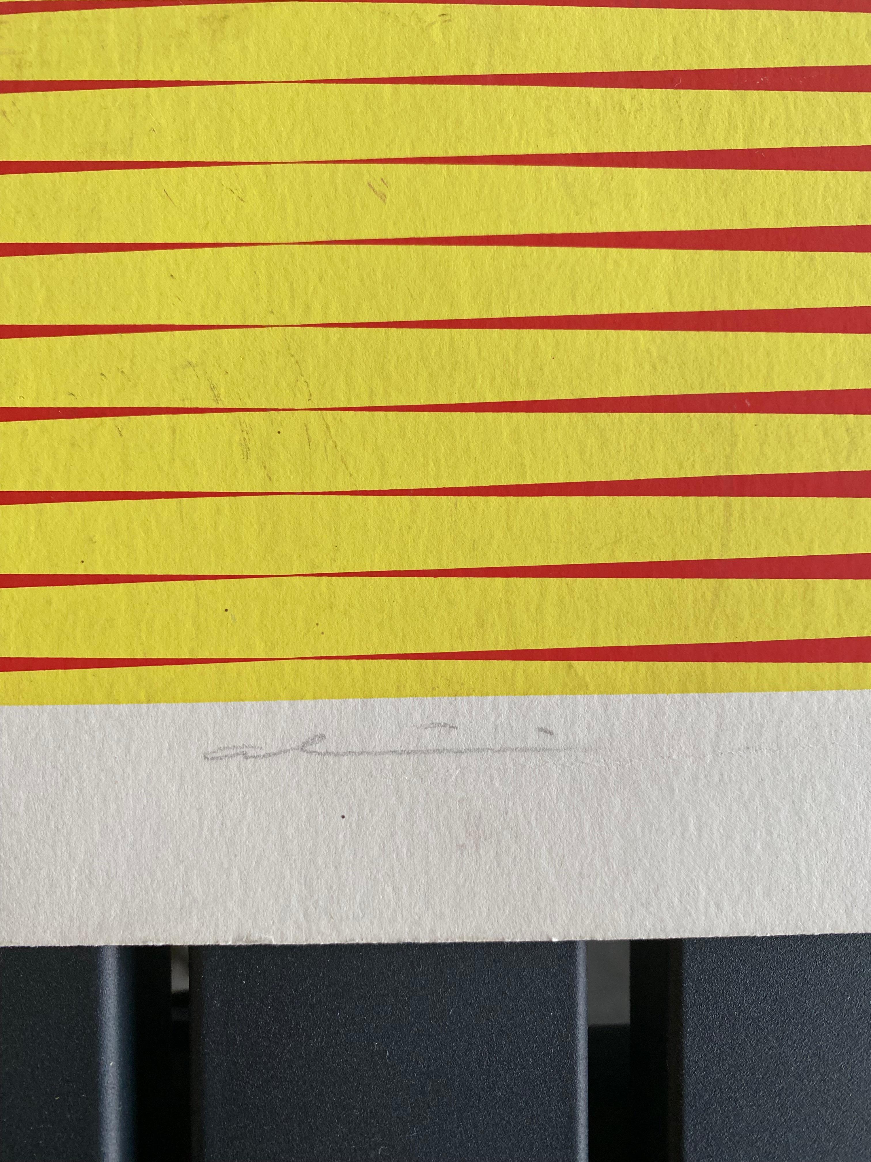 Screen print by the Italian Op-Art artist Getulio Alviani, yellow- red In Distressed Condition For Sale In Hamburg, DE