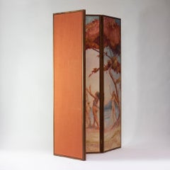 Screen Room Divider Linen Walnut Nymphs Artwork