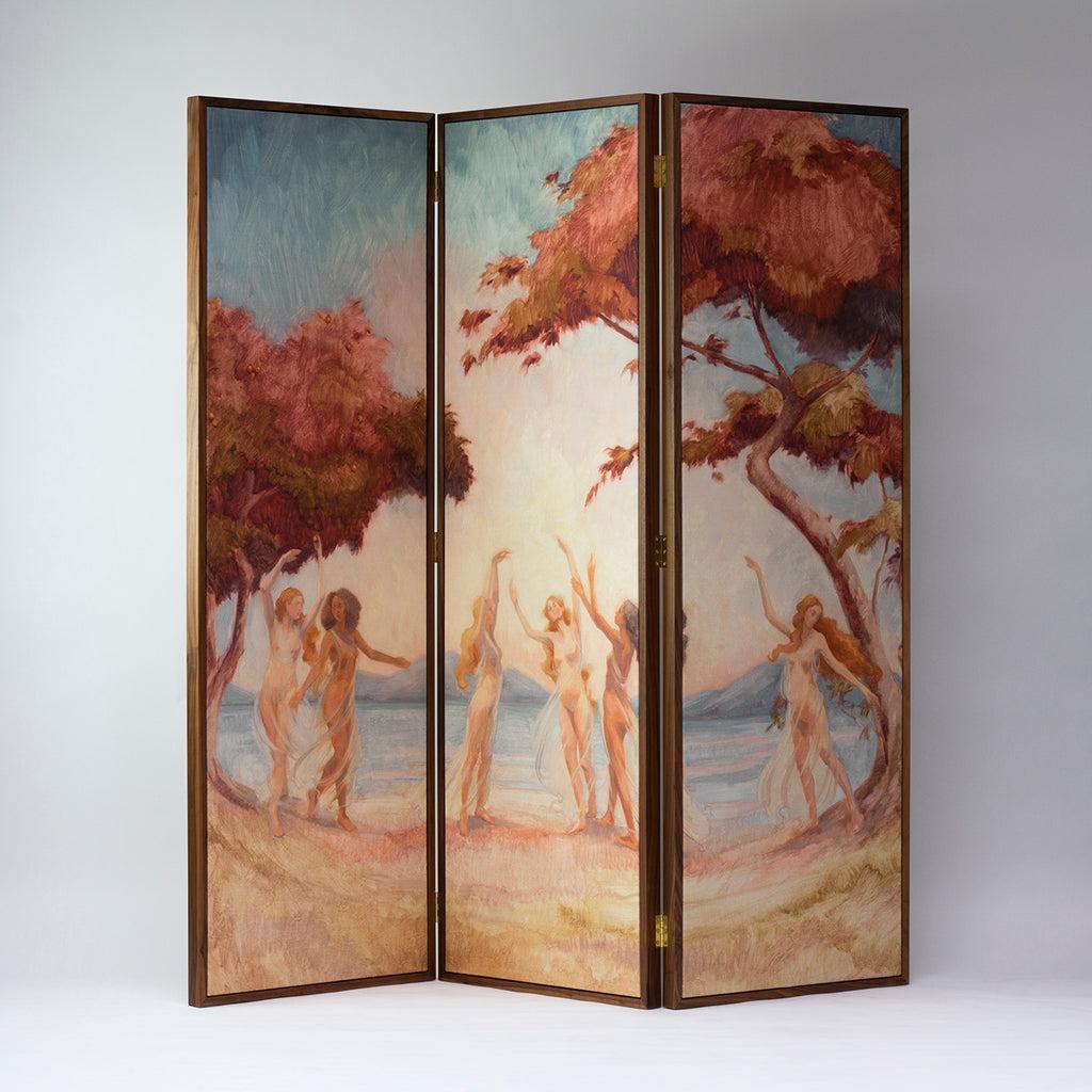 English Screen Room Divider Linen Walnut Nymphs Artwork For Sale