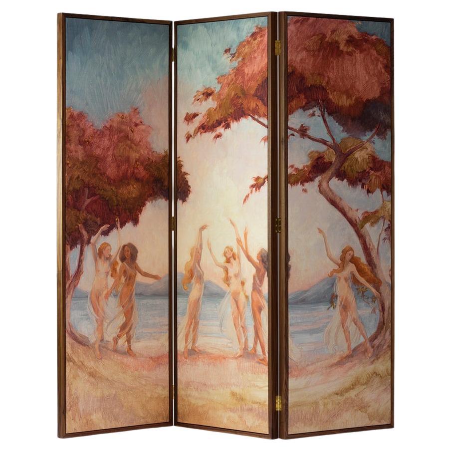 Screen Room Divider Linen Walnut Nymphs Artwork en vente