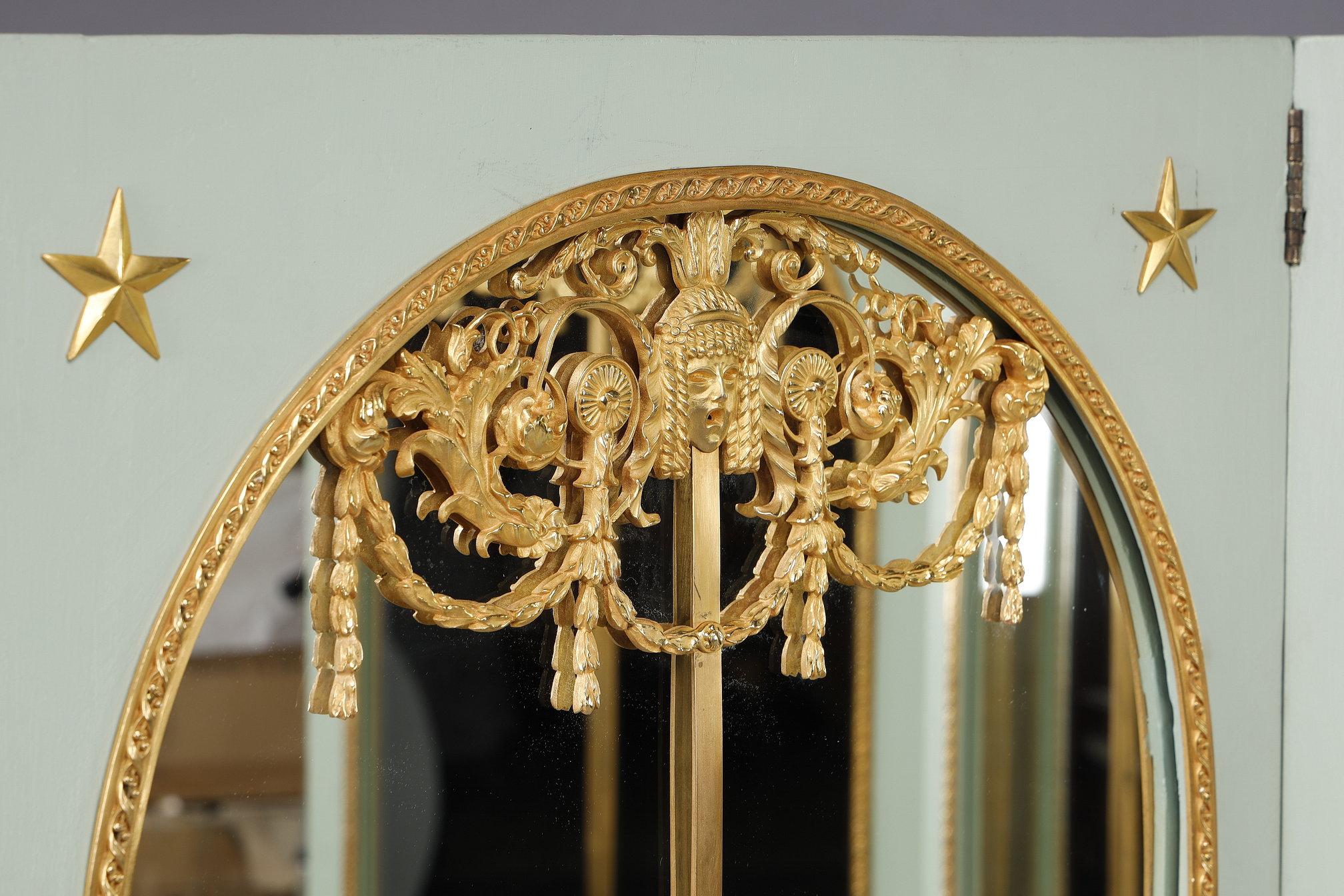 Paravent de pièce avec miroirs sur chaque panneau en bois laqué et bronze doré en vente 3