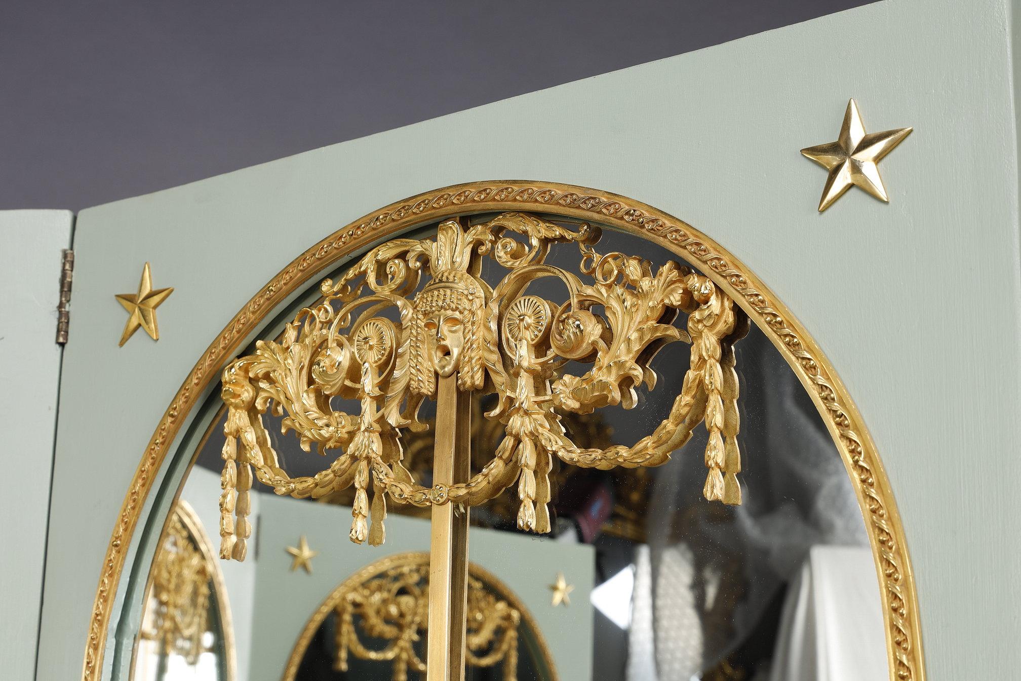 Paravent de pièce avec miroirs sur chaque panneau en bois laqué et bronze doré en vente 4