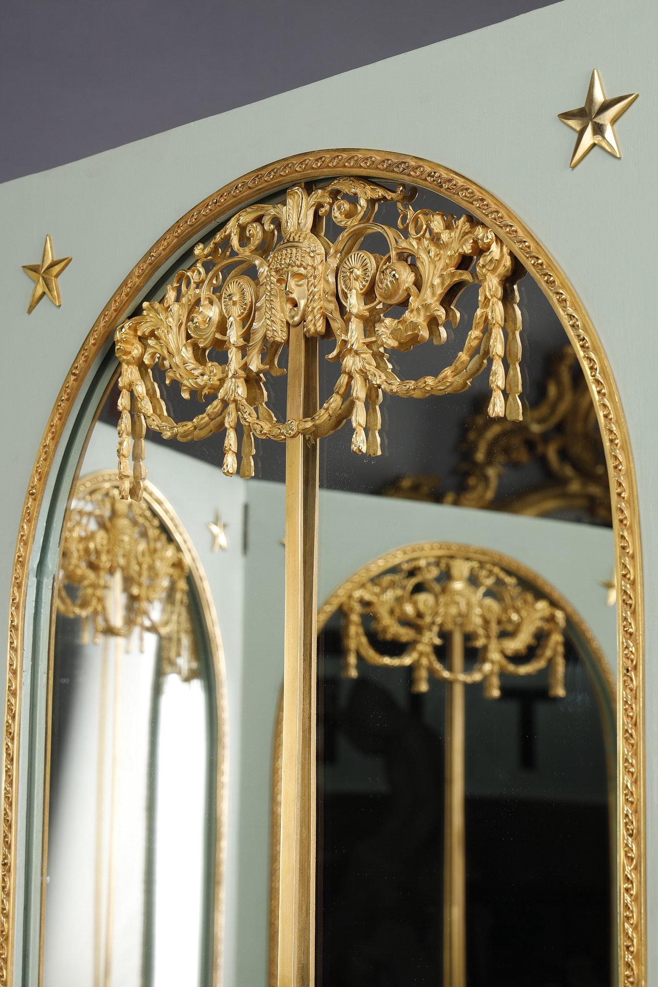 Paravent de pièce avec miroirs sur chaque panneau en bois laqué et bronze doré en vente 5